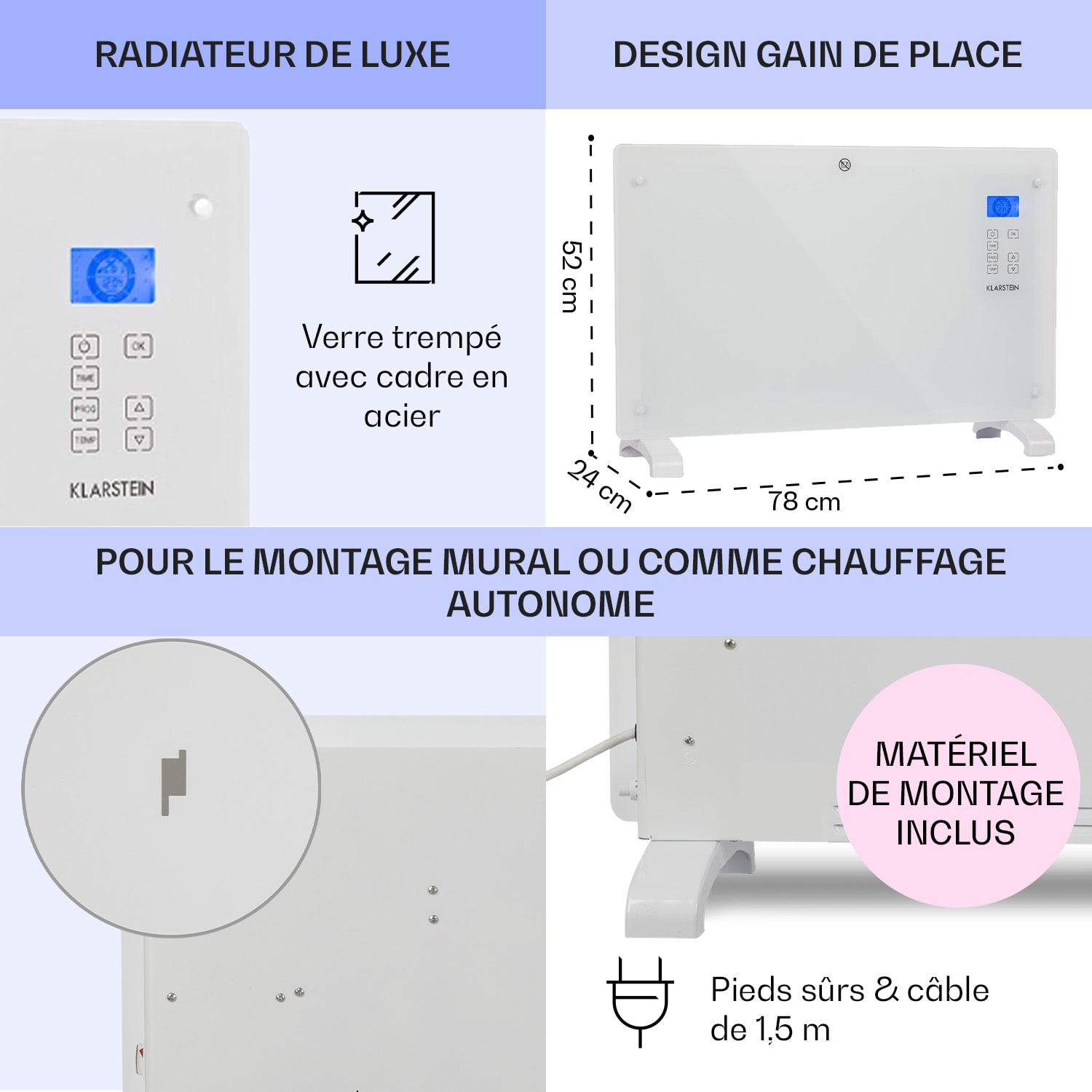 Norderney Chauffage à convection thermostat minuterie 2000W LCD blanc 