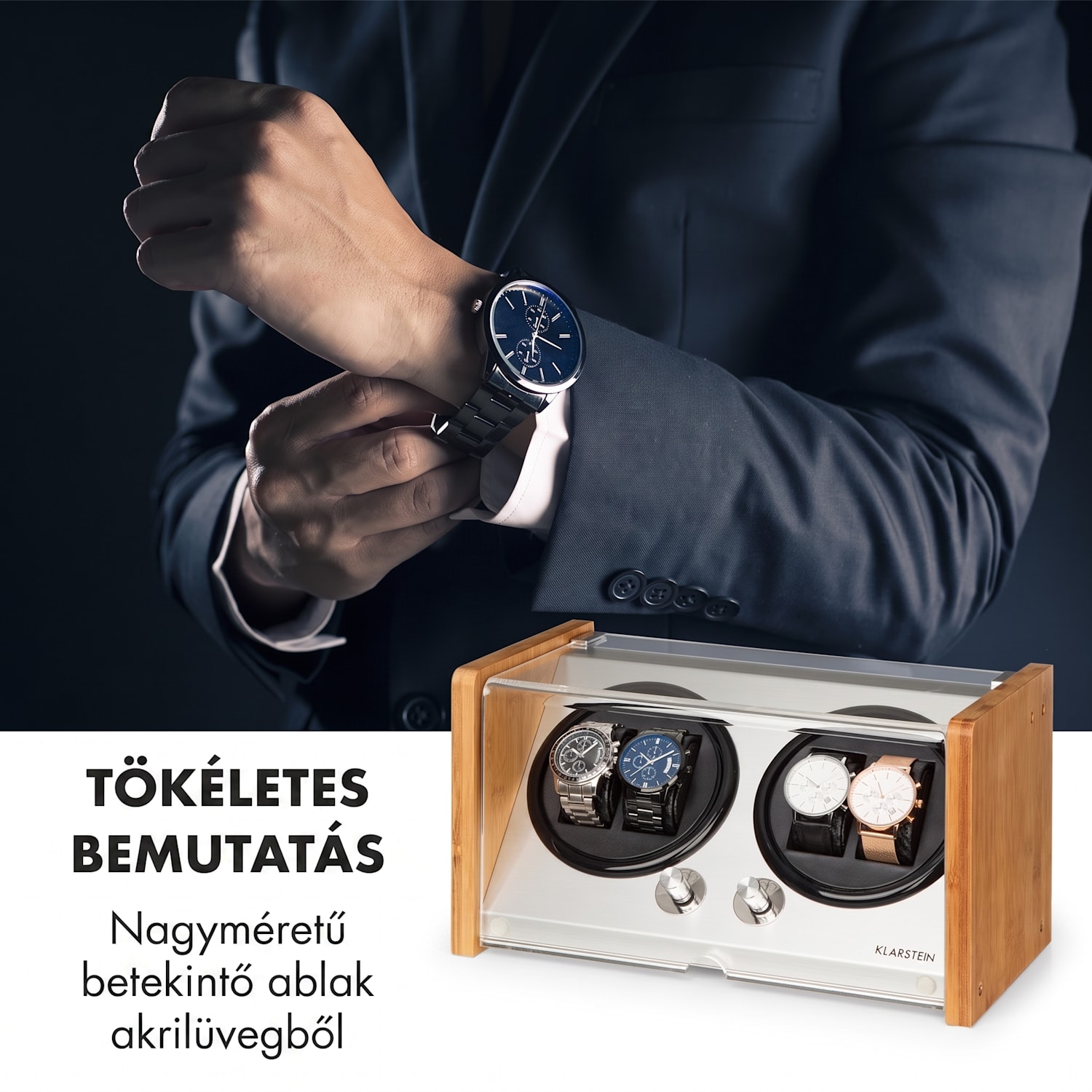 Hanoi 4, forgó óraállvány, 4 óra, 3 sebesség, 4 üzemmód, bambusz 4 watches