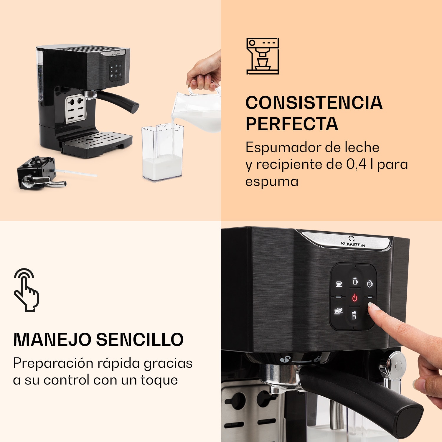 BellaVita Cafetera 1450 W 20 bares Espumador de leche 3 en 1 Negro Negro Metalizado
