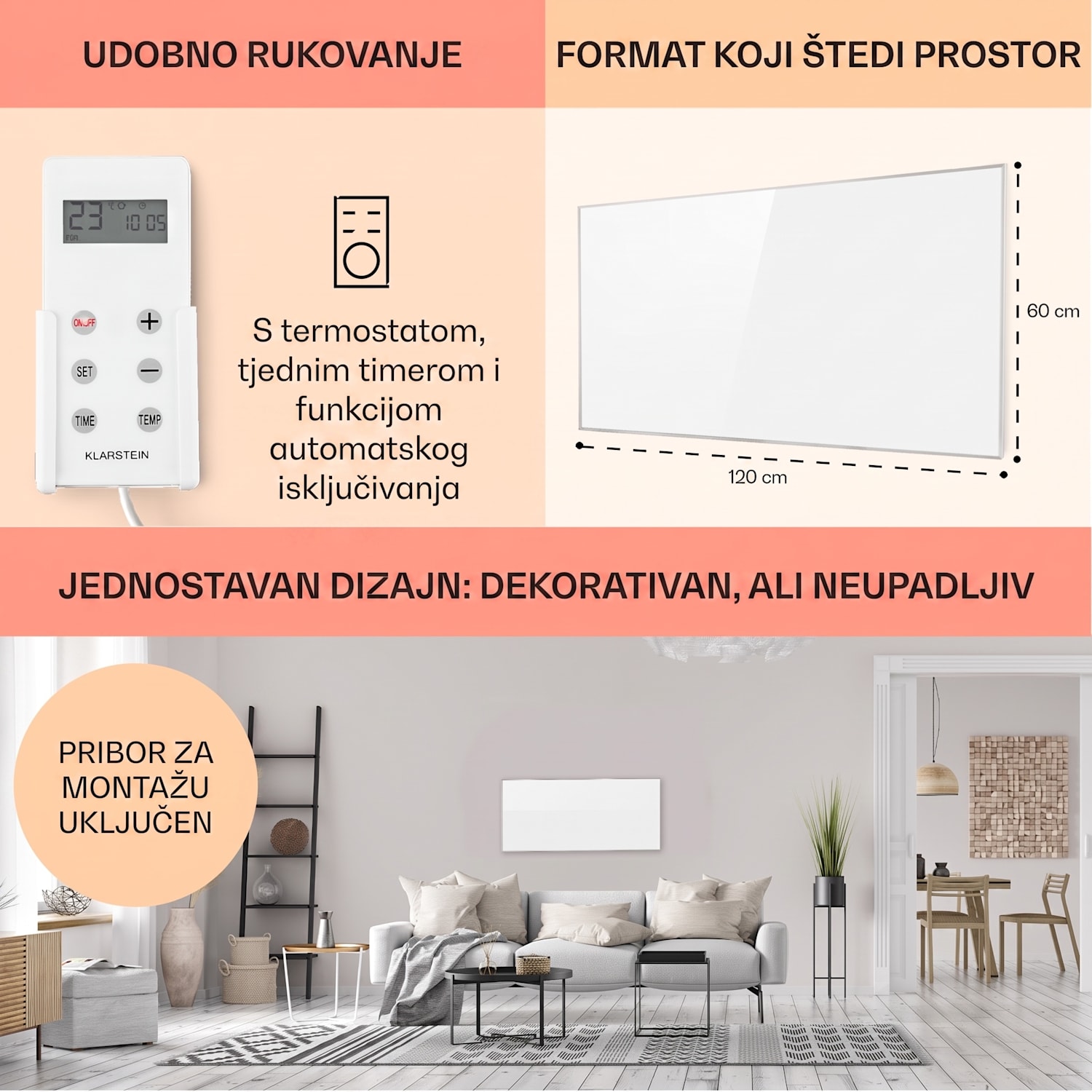 Wonderwall 72, infracrvena grijalica, 60x120cm, 720W, tjedni tajmer, IP24 60 x 120 cm | 720 W | Ne