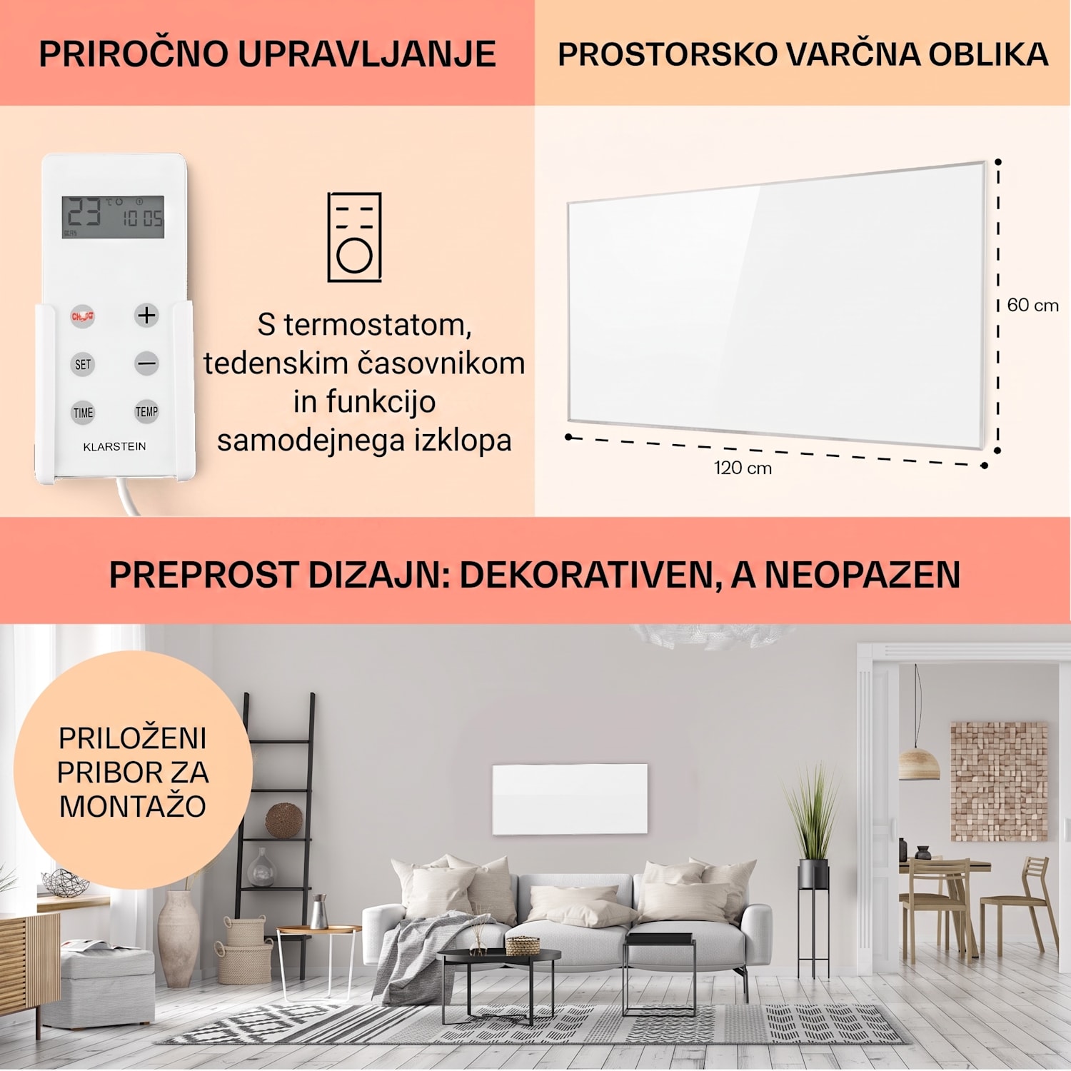 Wonderwall 72, Infrardeči grelnik, 60x120cm, 720W, Tedenski časovnik, IP24 60 x 120 cm | 720 W | Ne