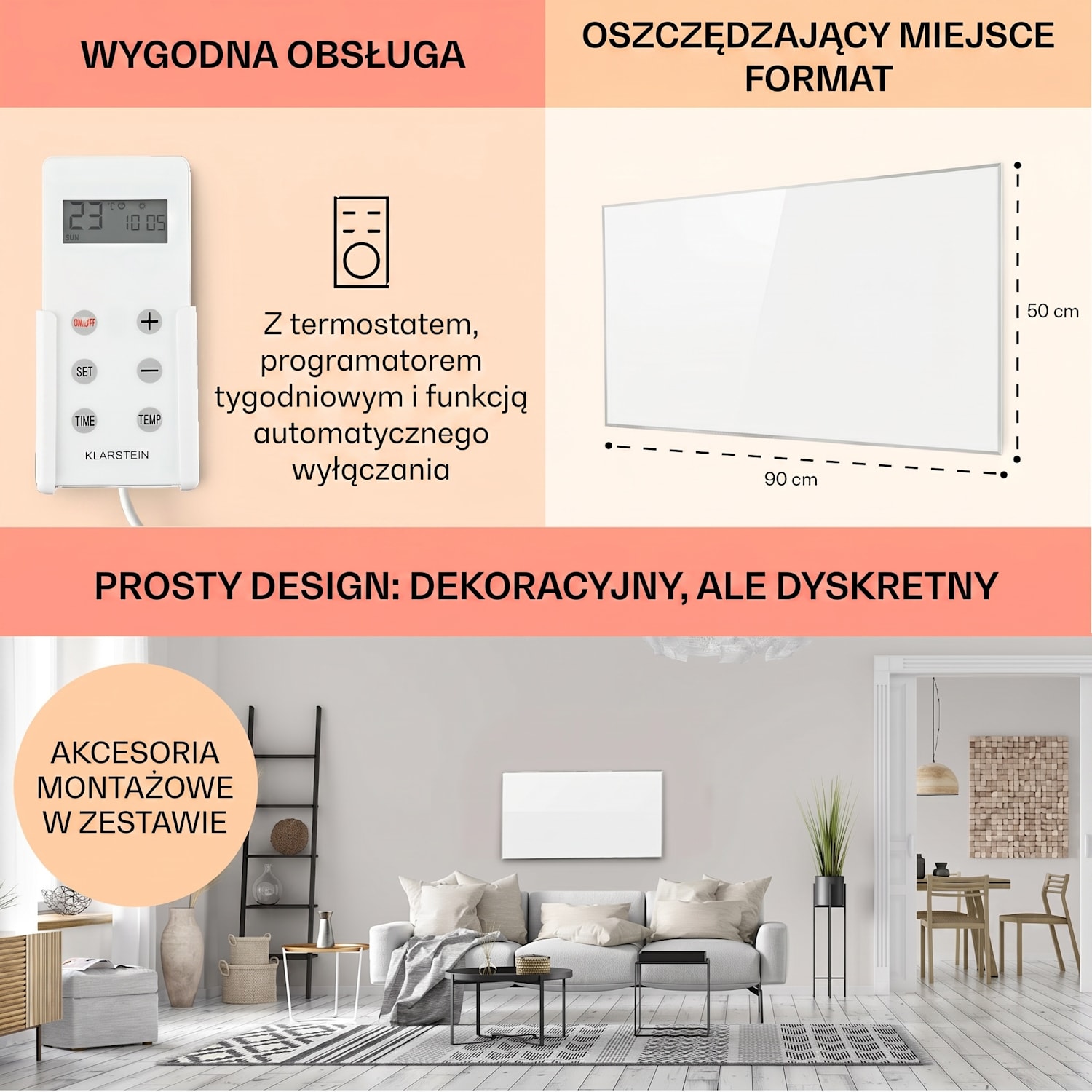 Wonderwall 45, panel grzewczy na podczerwień, grzejnik, 50 x 90 cm, 450 W, programator czasowy, IP24 