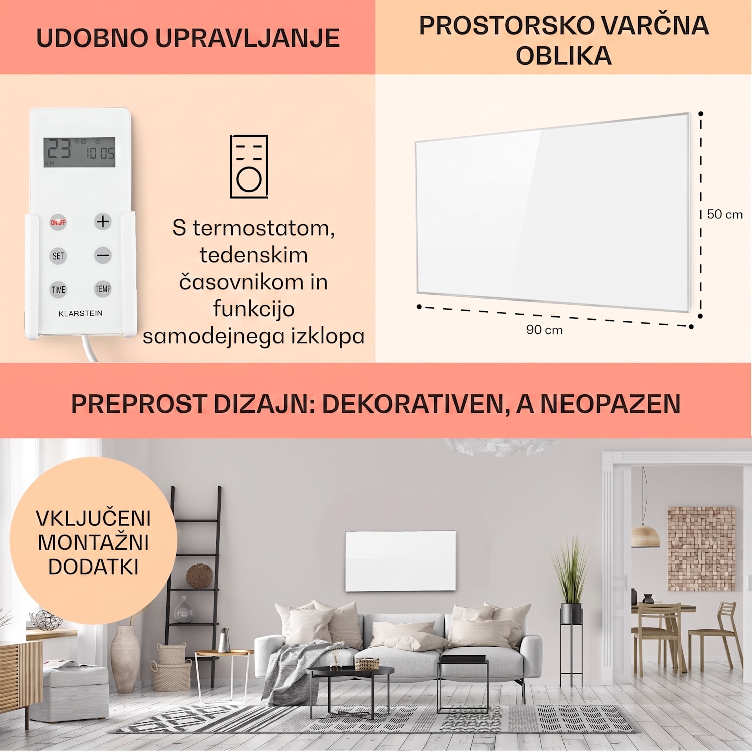 Wonderwall 45, Infrardeči grelnik, 50x90cm, 450W, Tedenski časovnik, IP24 50 x 90 cm | 450 W