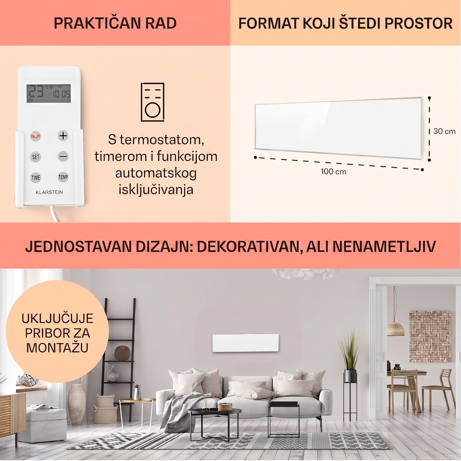 Wonderwall 30, infracrvena grijalica, 30x100cm, 300W, tjedni tajmer, IP24 100x30 cm | 300 W | Ne