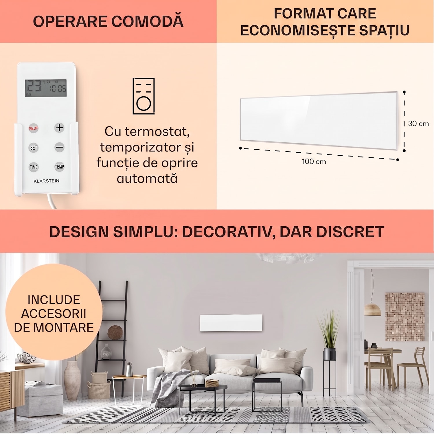 Wonderwall 30, Încălzitor cu infraroșu, 30x100cm, 300W, Cronometru săptămânal, IP24 100x30 cm | 300 W | Nu