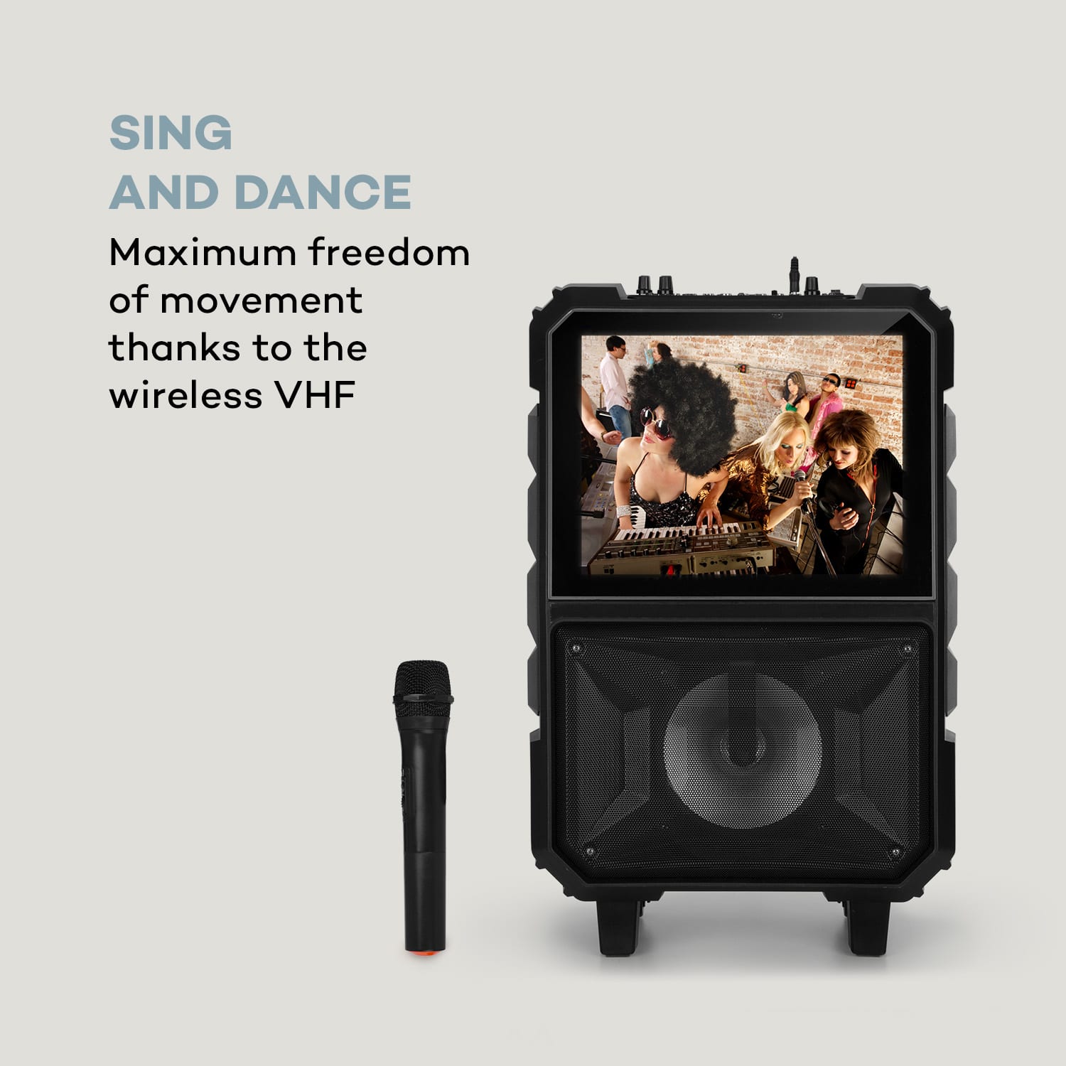 Centerstage 8, hordozható karaoke hangfal, 40 W, 14.1"-es kijelző, vezeték nélküli mikrofon 