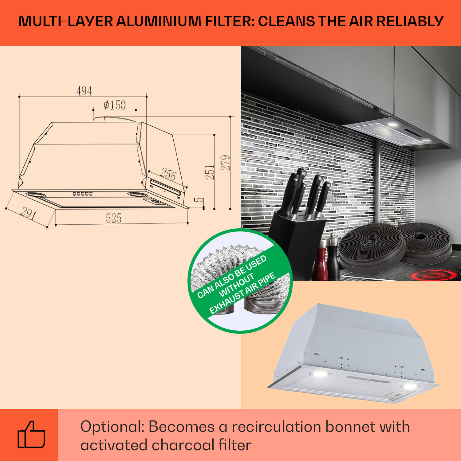 Paolo, абсорбатор, вграден, 52,5 см, абсорбиране 600 м³/ч, LED, сензорен, неръждаема стомана 