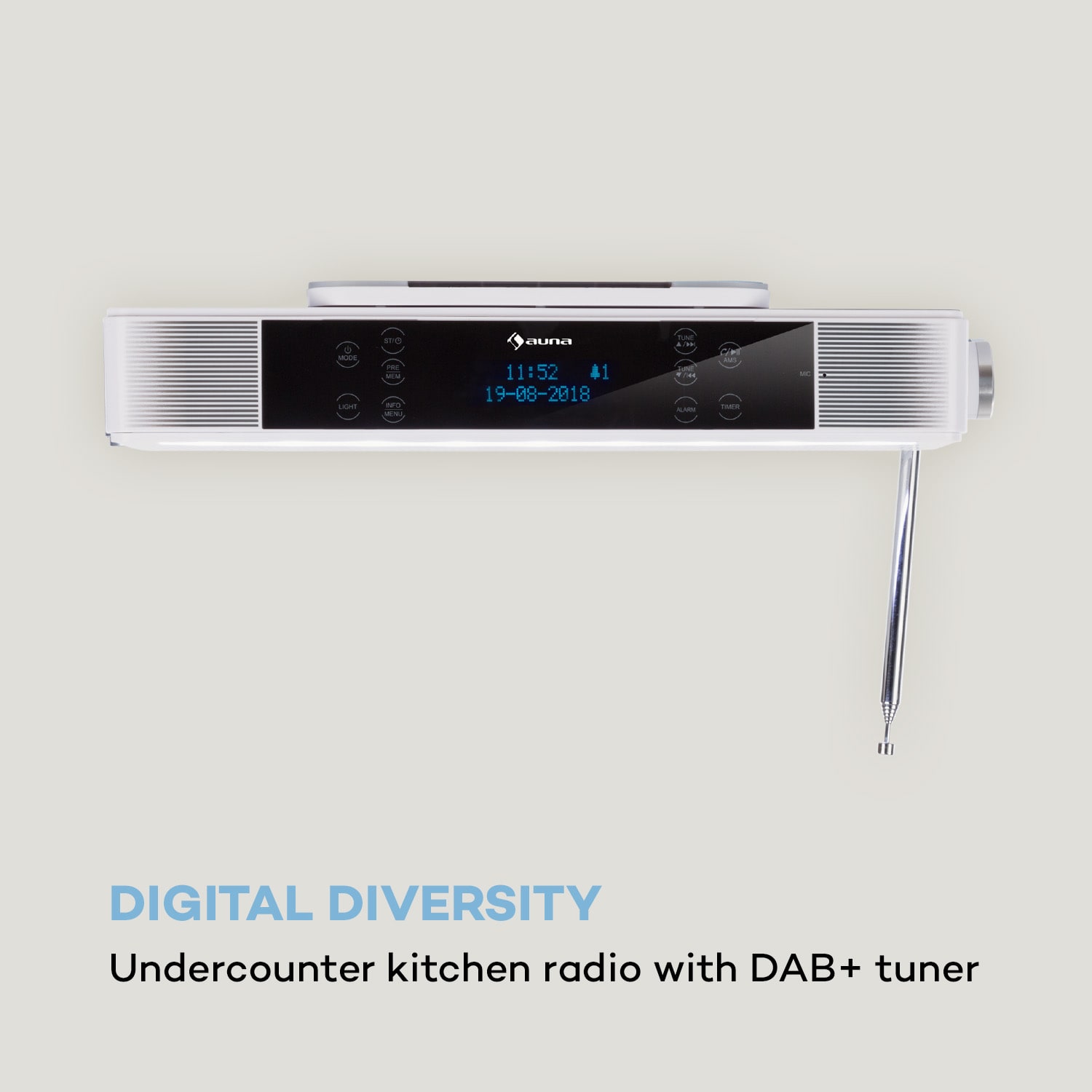 KR-140, kuchyňské rádio, bluetooth, handsfree, LED osvětlení, bílé