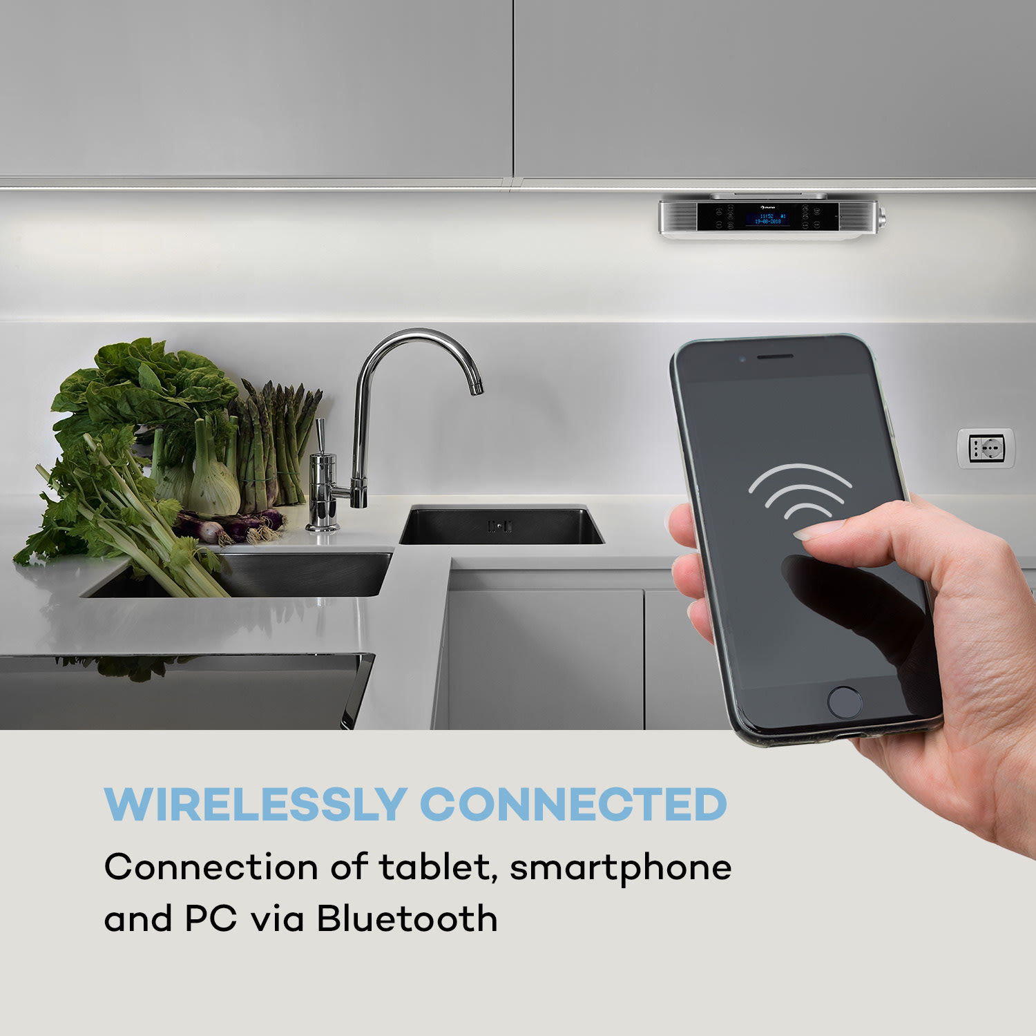 KR-140, radio kuchenne, Bluetooth, handsfree, LED oświetlenie, srebrne