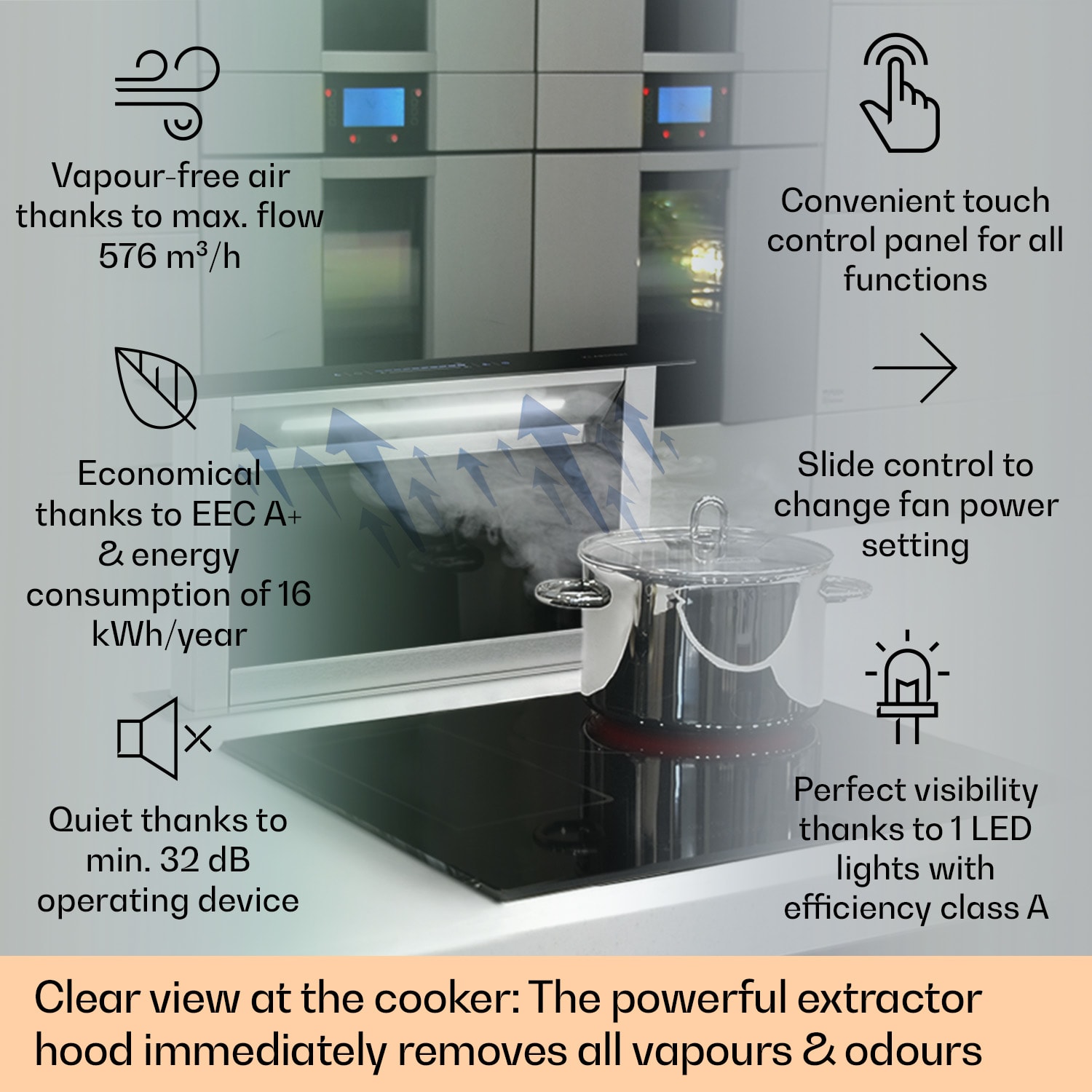 Royal Flush Eco, kuhinjska napa, 60 cm, 576 m³/h, A+ 60 cm | Črna | Nerjaveče jeklo