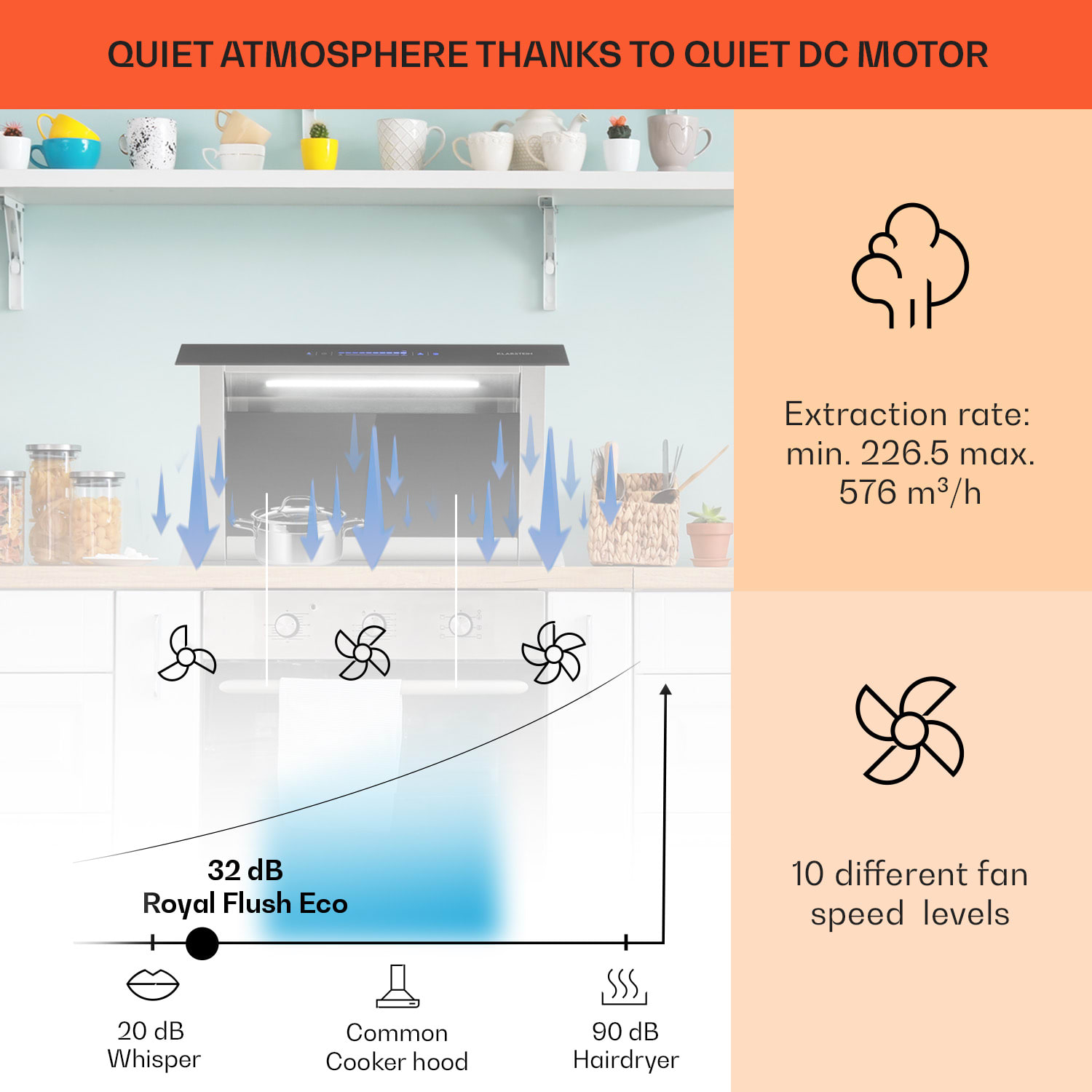 Royal Flush Eco, kuhinjska napa, 60 cm, 576 m³/h, A+ 60 cm | Črna | Nerjaveče jeklo