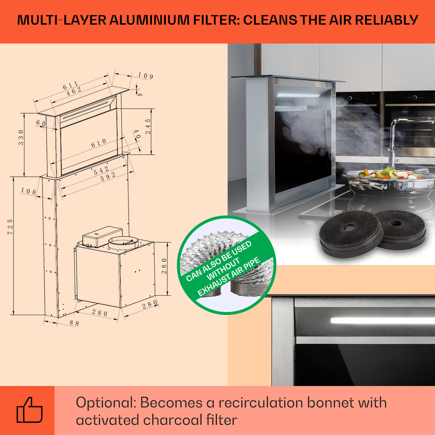 Royal Flush Eco, kuhinjska napa, 60 cm, 576 m³/h, A+ 60 cm | Črna | Nerjaveče jeklo