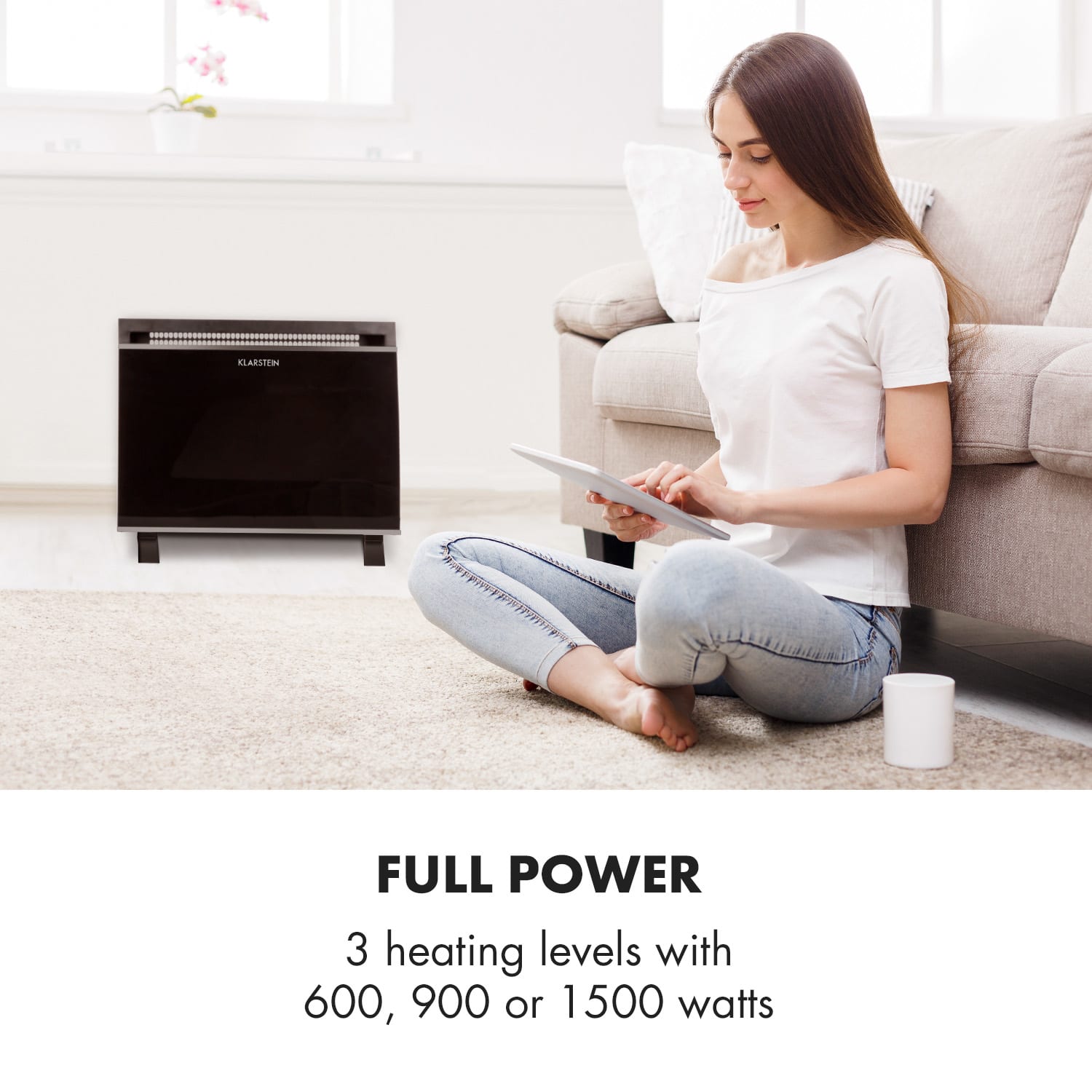Gotland, convector de sticlă, 600/900/1500 W, negru 