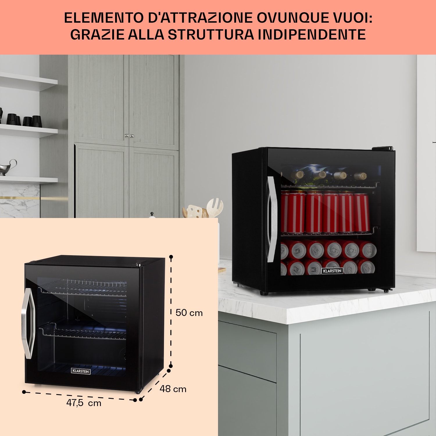 Beersafe L Onyx - Frigorifero, 47 litri, 2 ripiani, sportello panoramico in vetro 47 L | Nero
