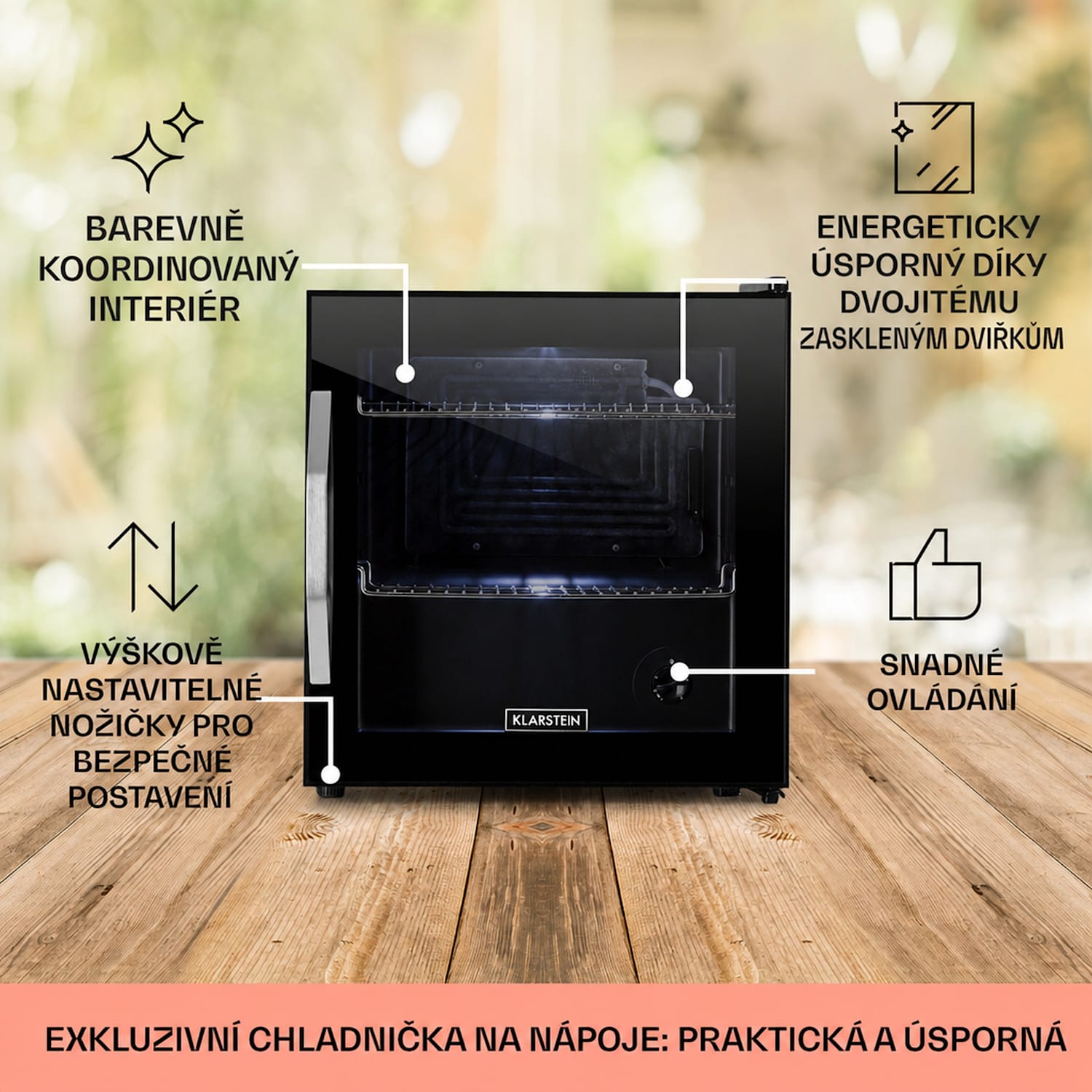 Beersafe L Onyx, lednice, energetická třída E, LED, kovové mřížky, skleněné dveře, černá 47 L | F | Černá | Černá