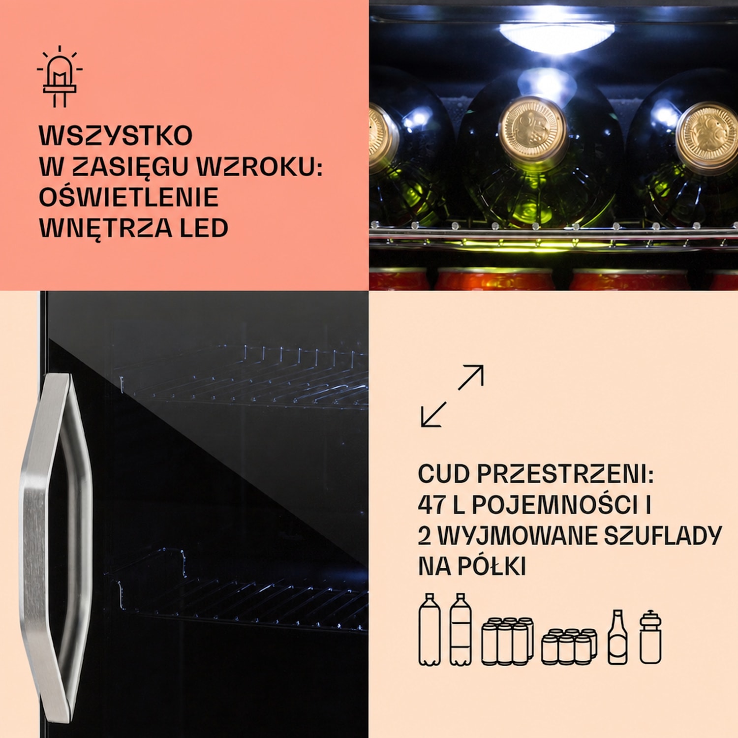 Beersafe L Onyx, lodówka na napoje, klasa energetyczna E, LED, metalowe półki, szklane drzwi 47 L | F | Czarny | Czarny