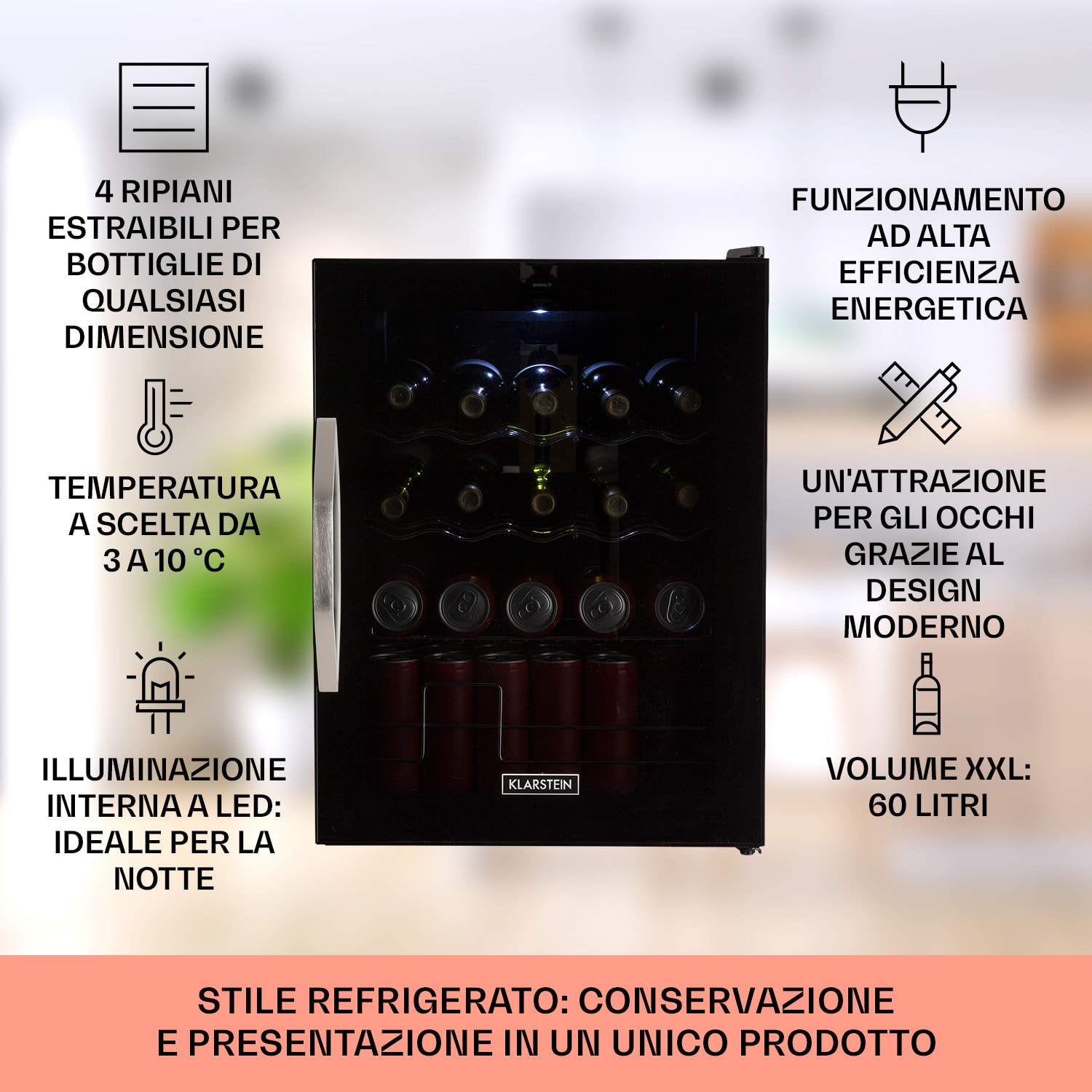 Beersafe XL Onyx - Frigorifero, 60 litri, 4 ripiani, sportello panoramico in vetro 60 L | E | Nero | Nero