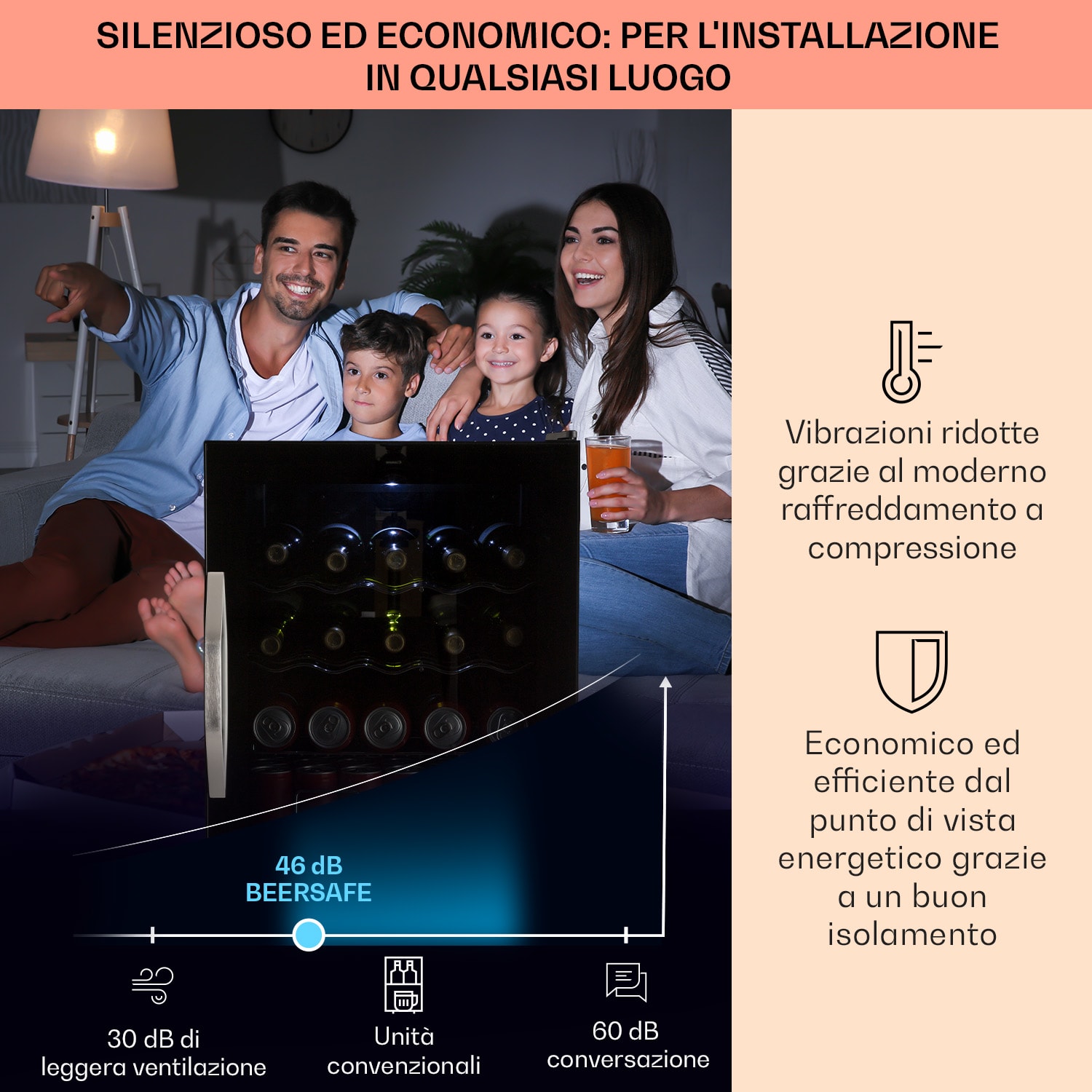 Beersafe XL Onyx - Frigorifero, 60 litri, 4 ripiani, sportello panoramico in vetro 60 L | E | Nero | Nero