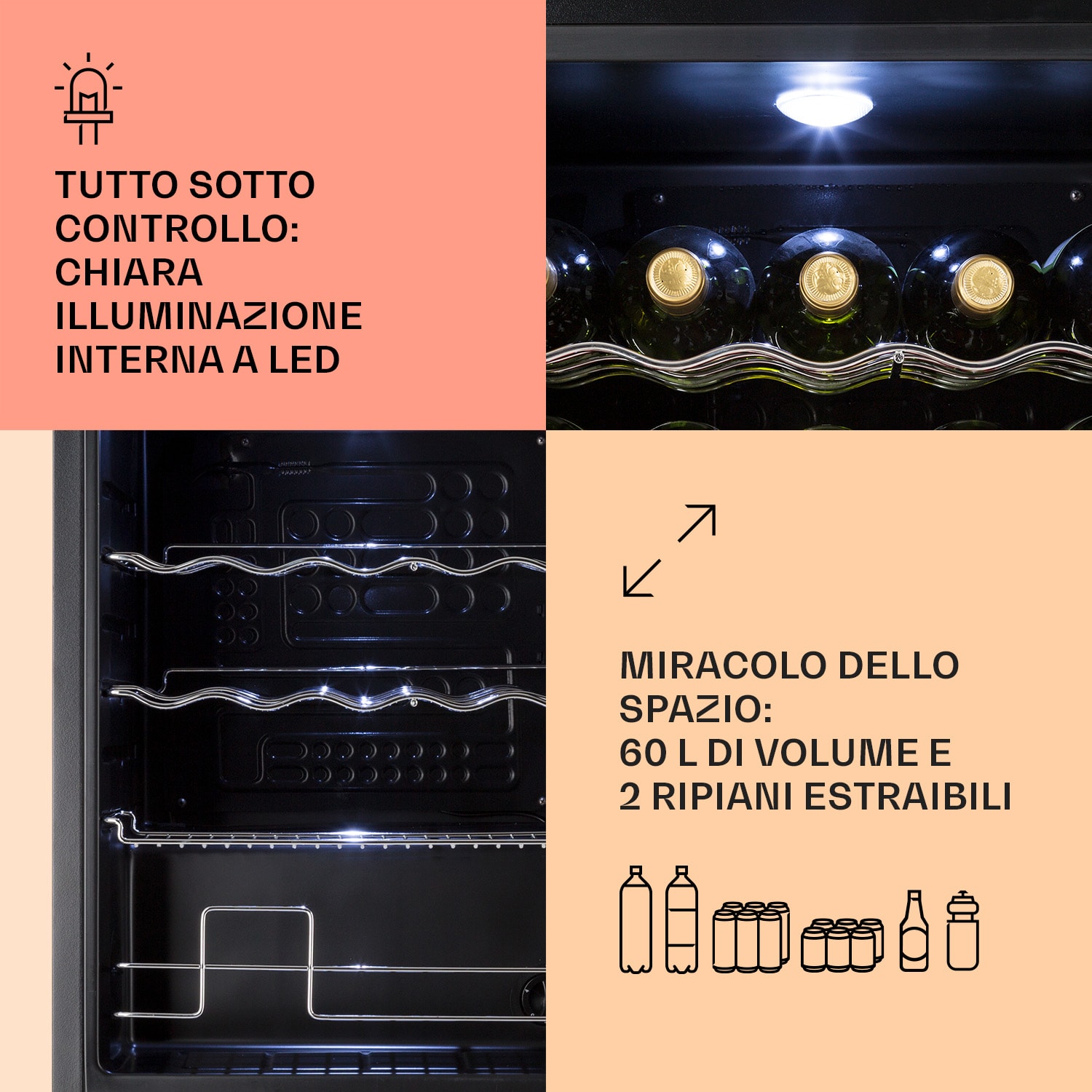 Beersafe XL Onyx - Frigorifero, 60 litri, 4 ripiani, sportello panoramico in vetro 60 L | E | Nero | Nero