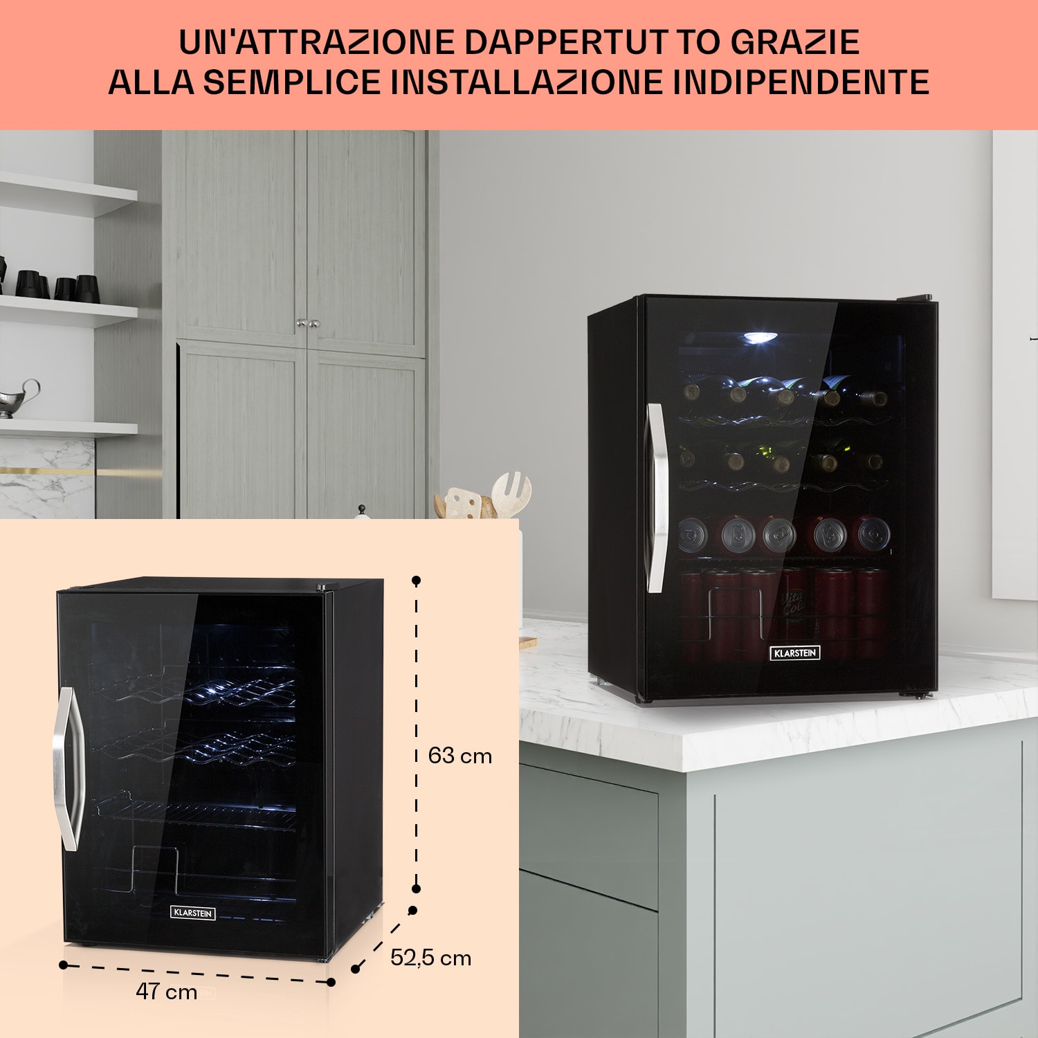 Beersafe XL Onyx - Frigorifero, 60 litri, 4 ripiani, sportello panoramico in vetro 60 L | E | Nero | Nero