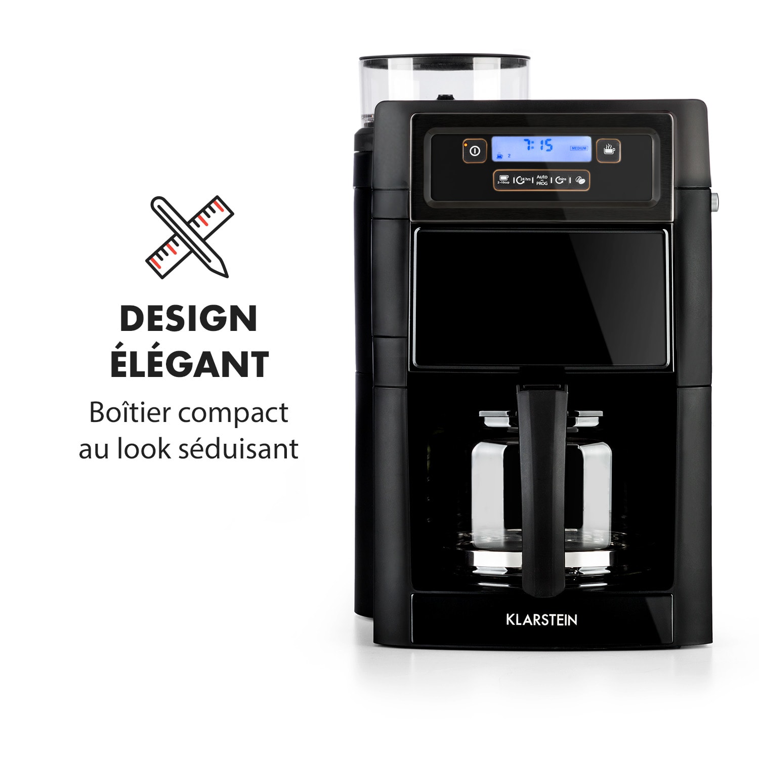 Aromatica II Cafetière 1,25L broyeur intégré > 10 tasses 1000W - noir Verseuse en verre | Noir
