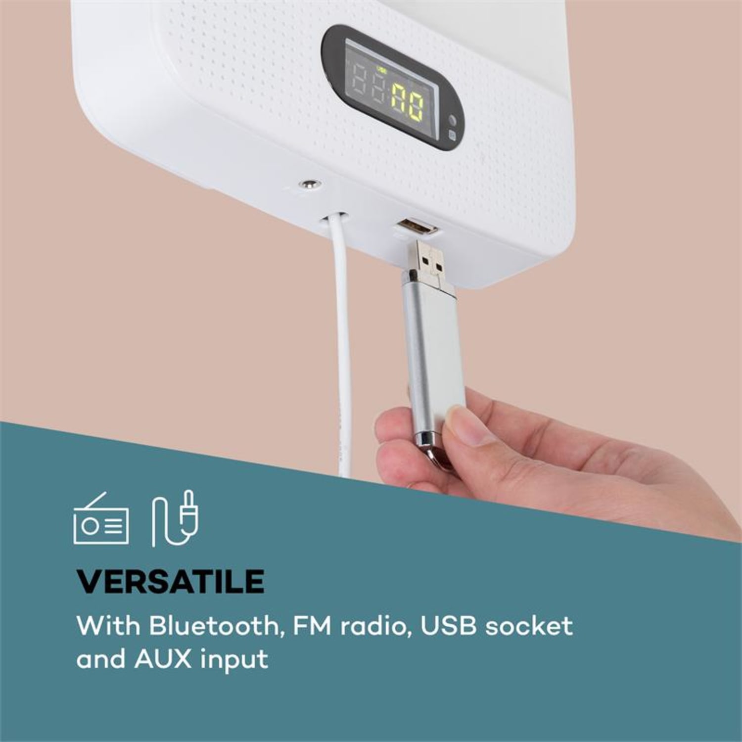 Vertiplay, CD přehrávač, bluetooth, noční světlo, FM rádio, AUX, digitální hodiny, bílý Bílá