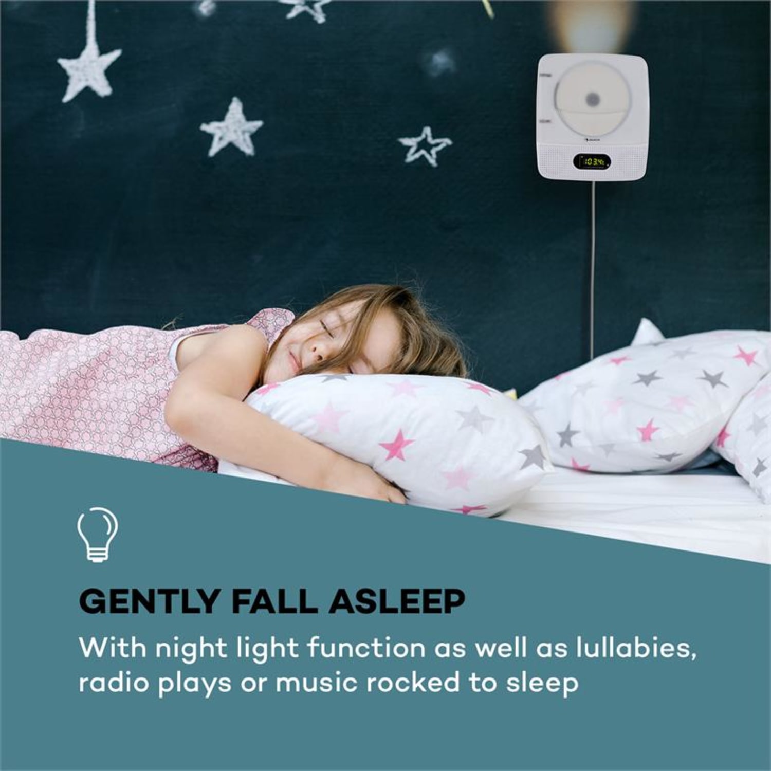 Vertiplay, CD přehrávač, bluetooth, noční světlo, FM rádio, AUX, digitální hodiny, bílý Bílá