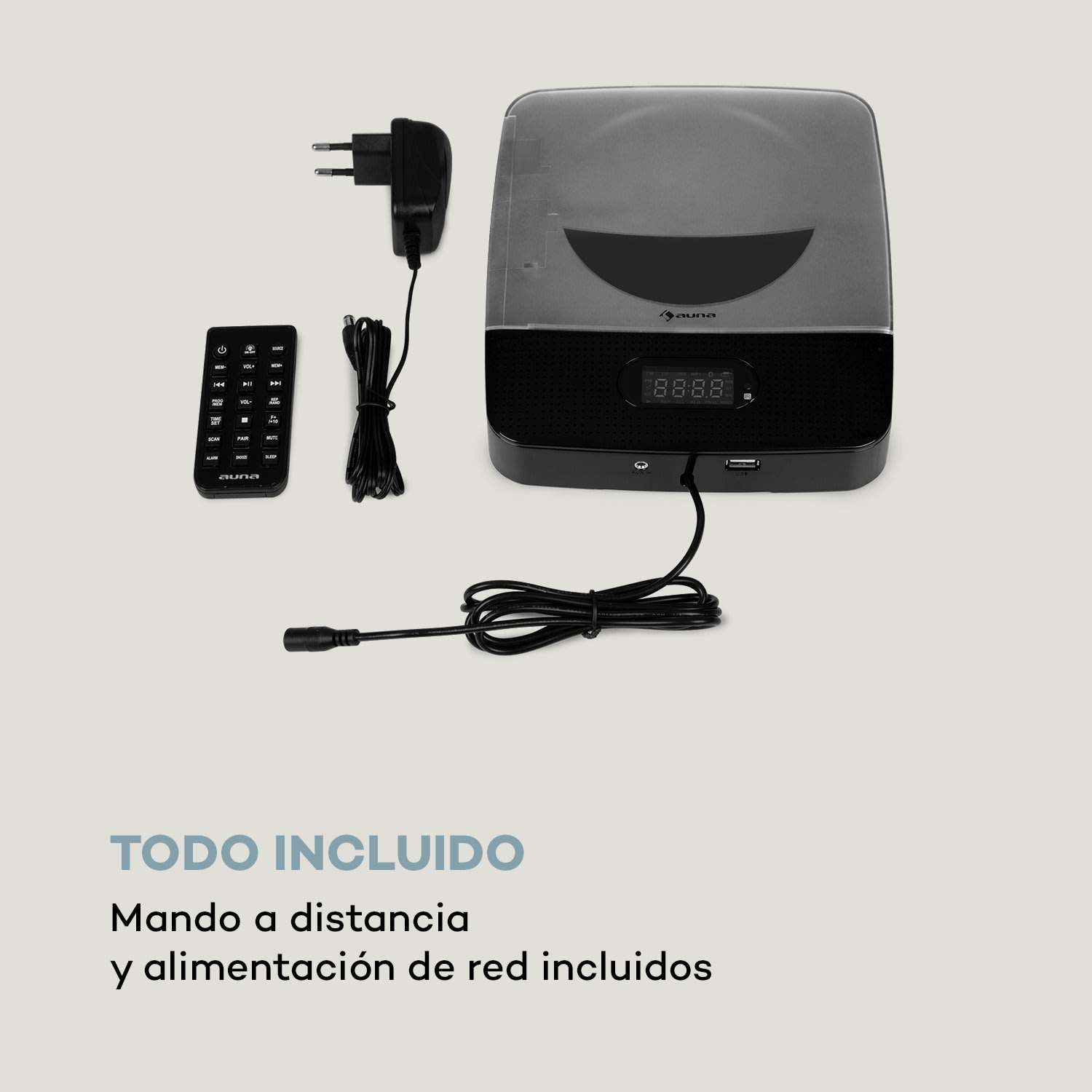 Vertiplay Reproductor de CD Bluetooth Luz nocturna Radio FM AUX Reloj digital Negro