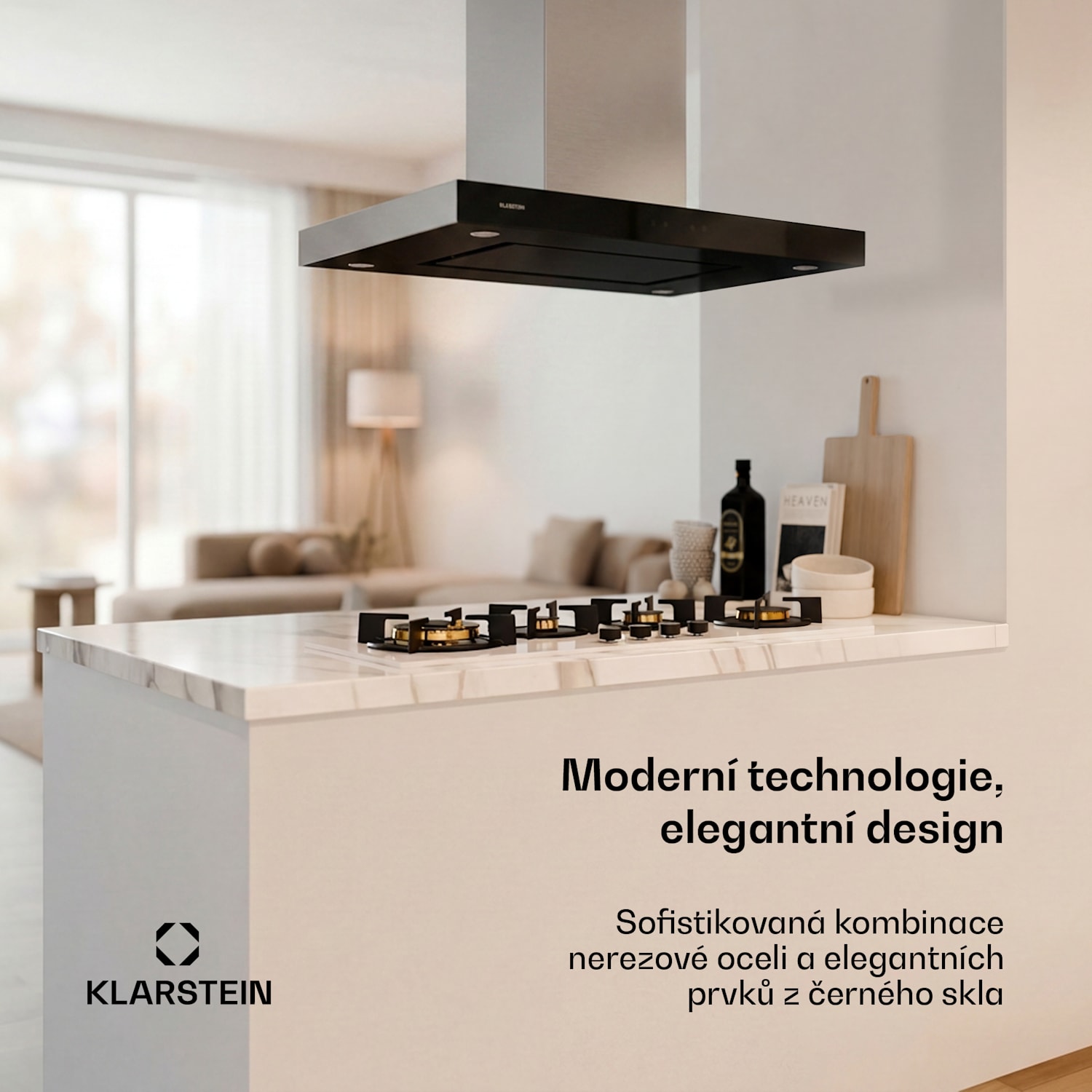 Valeria, digestoř, 90 cm, ostrůvková, 650 m³/h, dotykový panel, LED, sklo, nerezová ocel, černá Negro