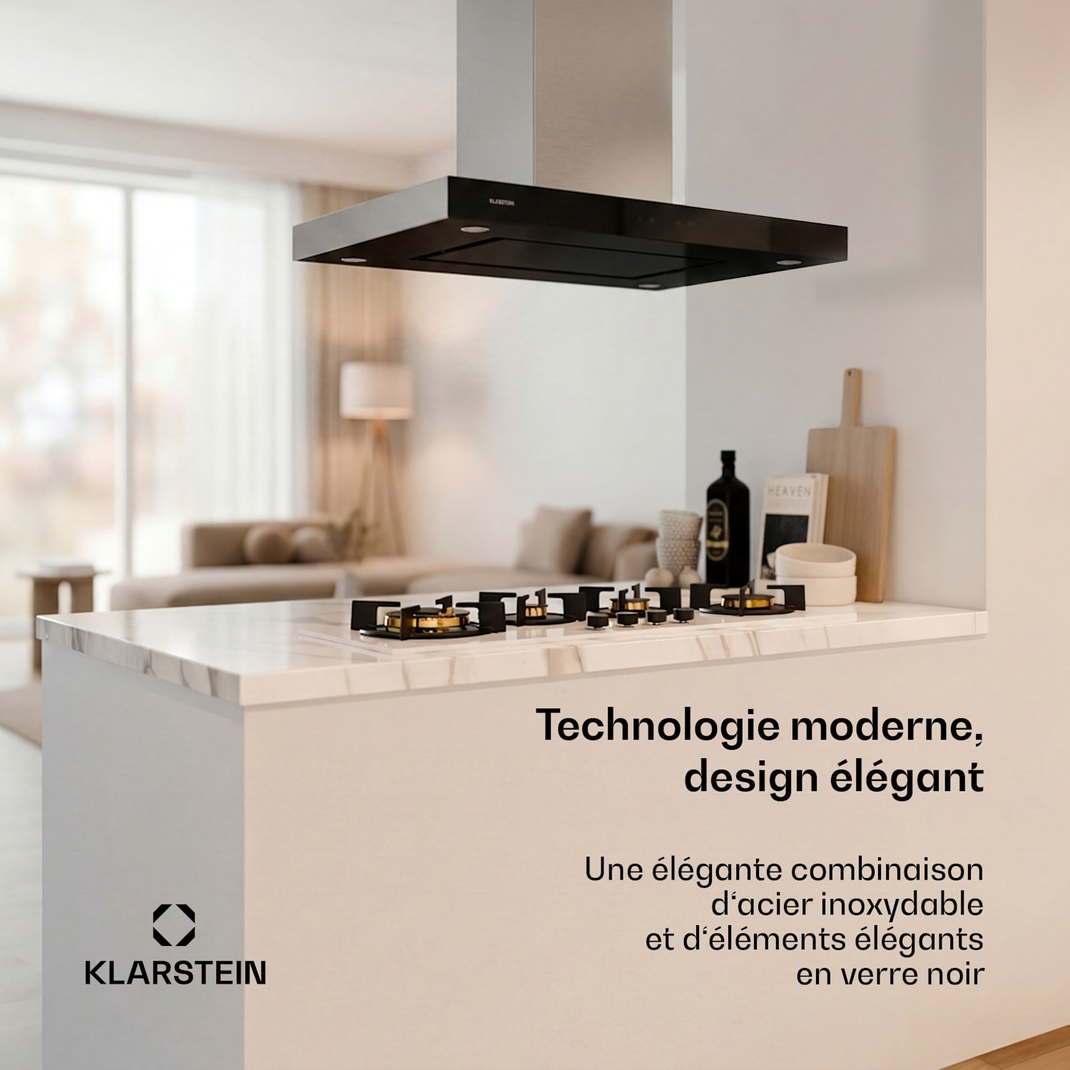 Valeria eilandafzuigkap 90cm 650m³/h afvoer touch led glas rvs Zwart
