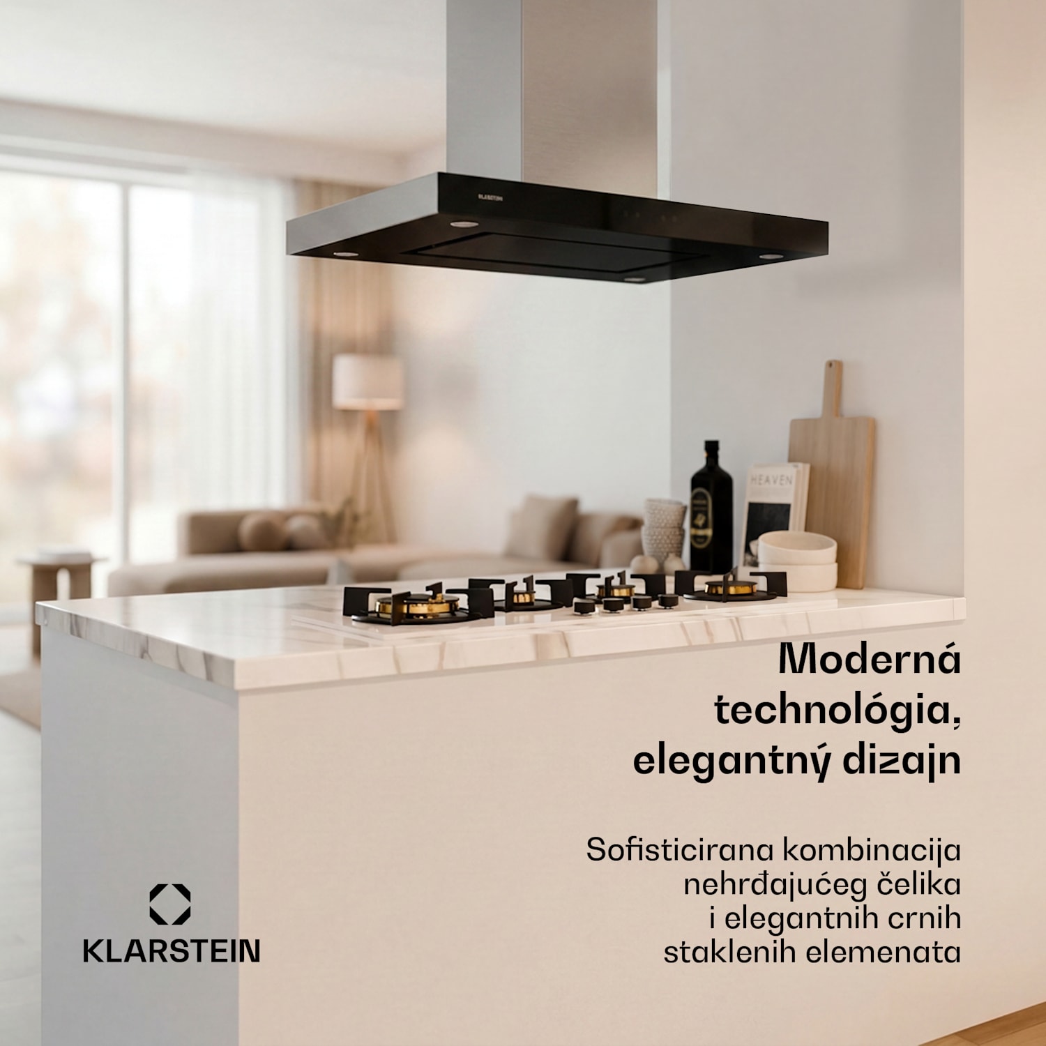 Valeria, otočna kuhinjska napa, 90 cm, usisna snaga 650 m³/h, touchscreen, LED, staklo, nehrđajući čelik Crna