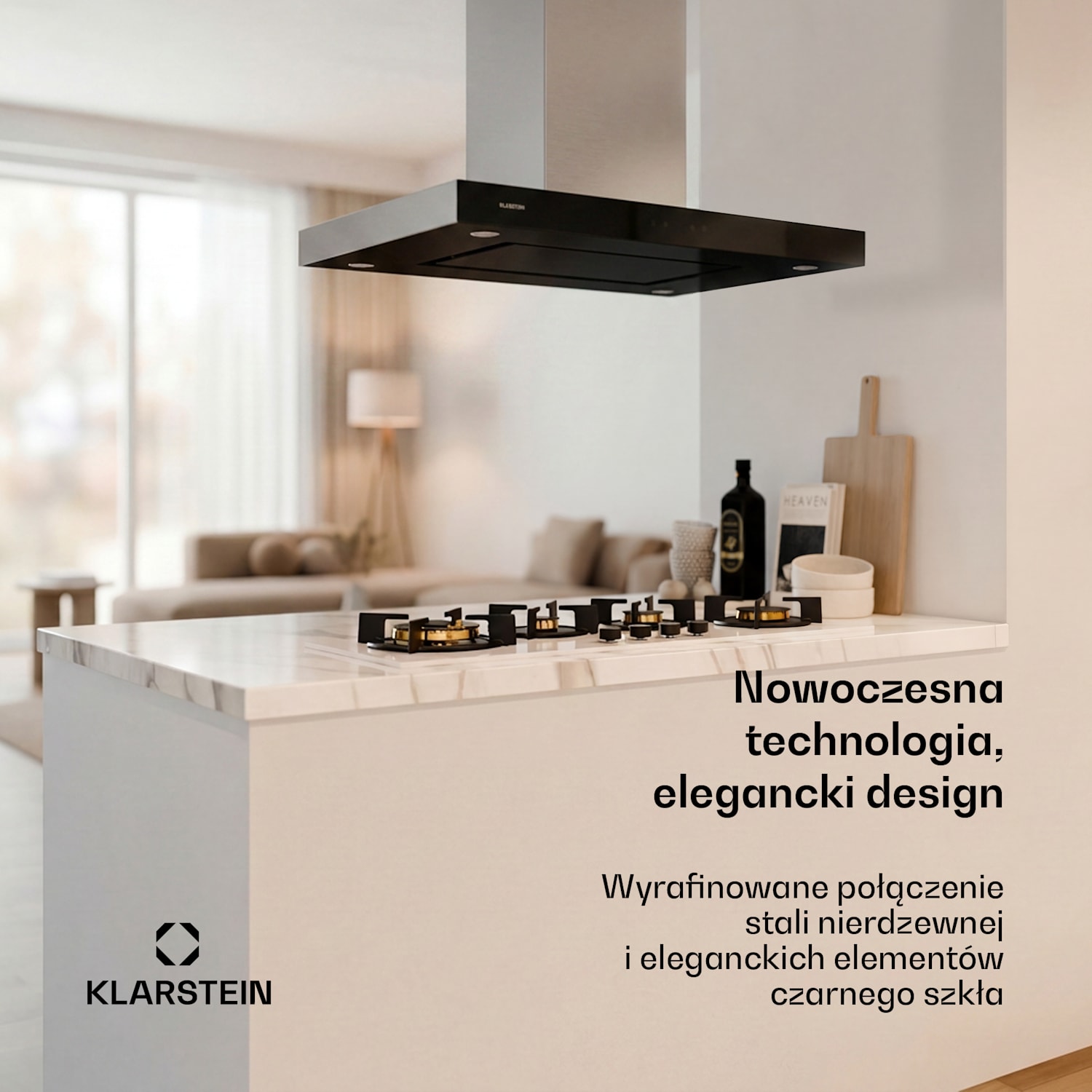 Valeria, okap kuchenny wyspowy, 90 cm, 650 m³/h, panel dotykowy, klasa energetyczna A, LED, szkło, stal szlachetna, kolor czarny Czarny