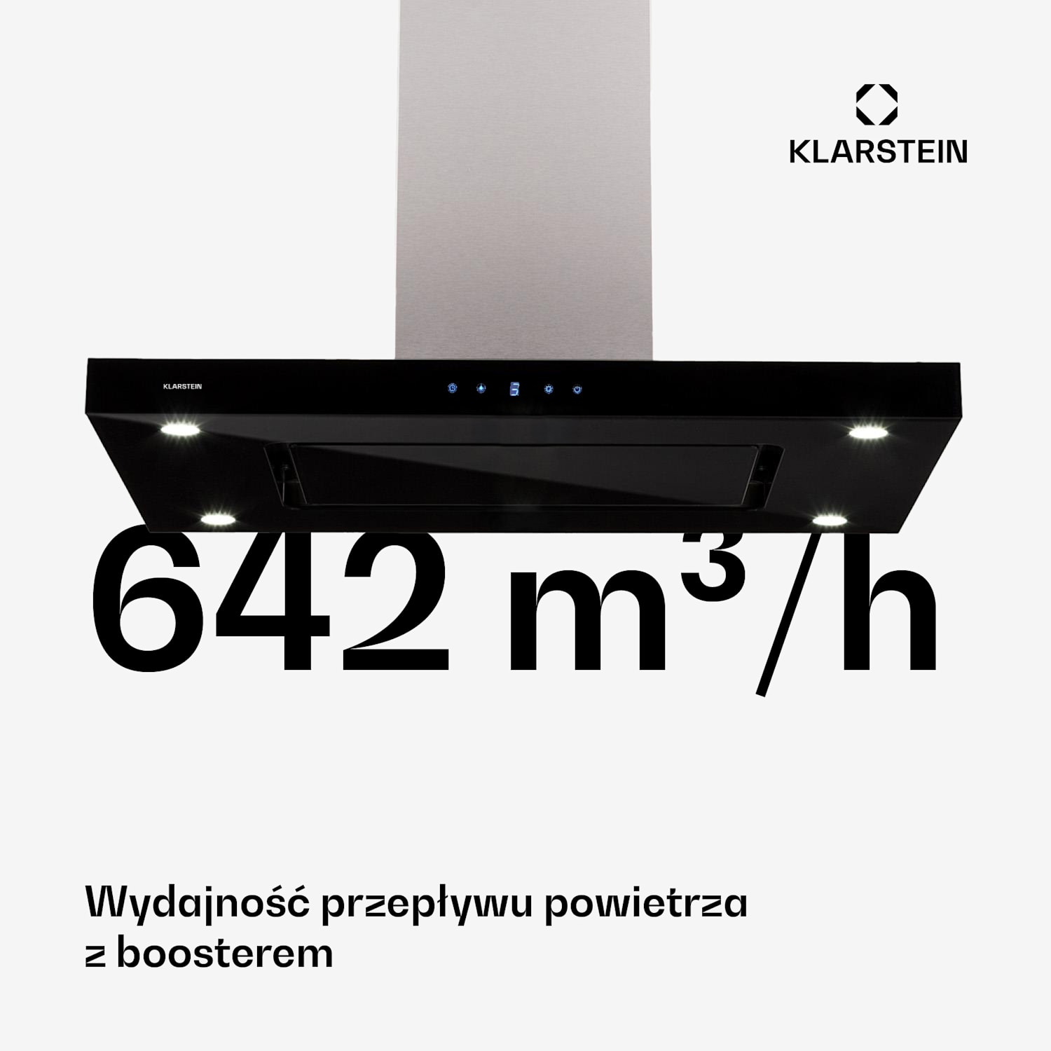 Valeria, okap kuchenny wyspowy, 90 cm, 650 m³/h, panel dotykowy, klasa energetyczna A, LED, szkło, stal szlachetna, kolor czarny Czarny