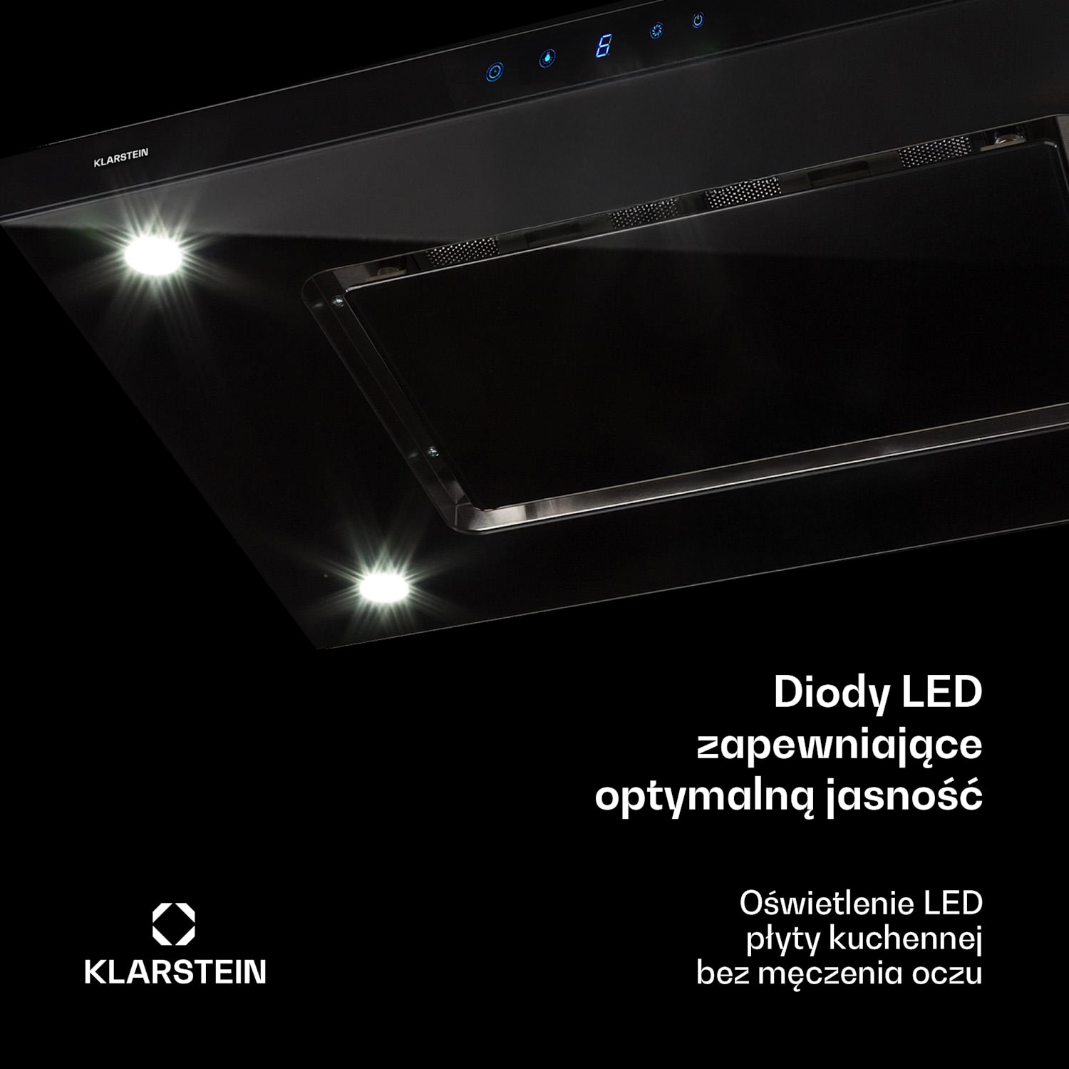 Valeria, okap kuchenny wyspowy, 90 cm, 650 m³/h, panel dotykowy, klasa energetyczna A, LED, szkło, stal szlachetna, kolor czarny Czarny