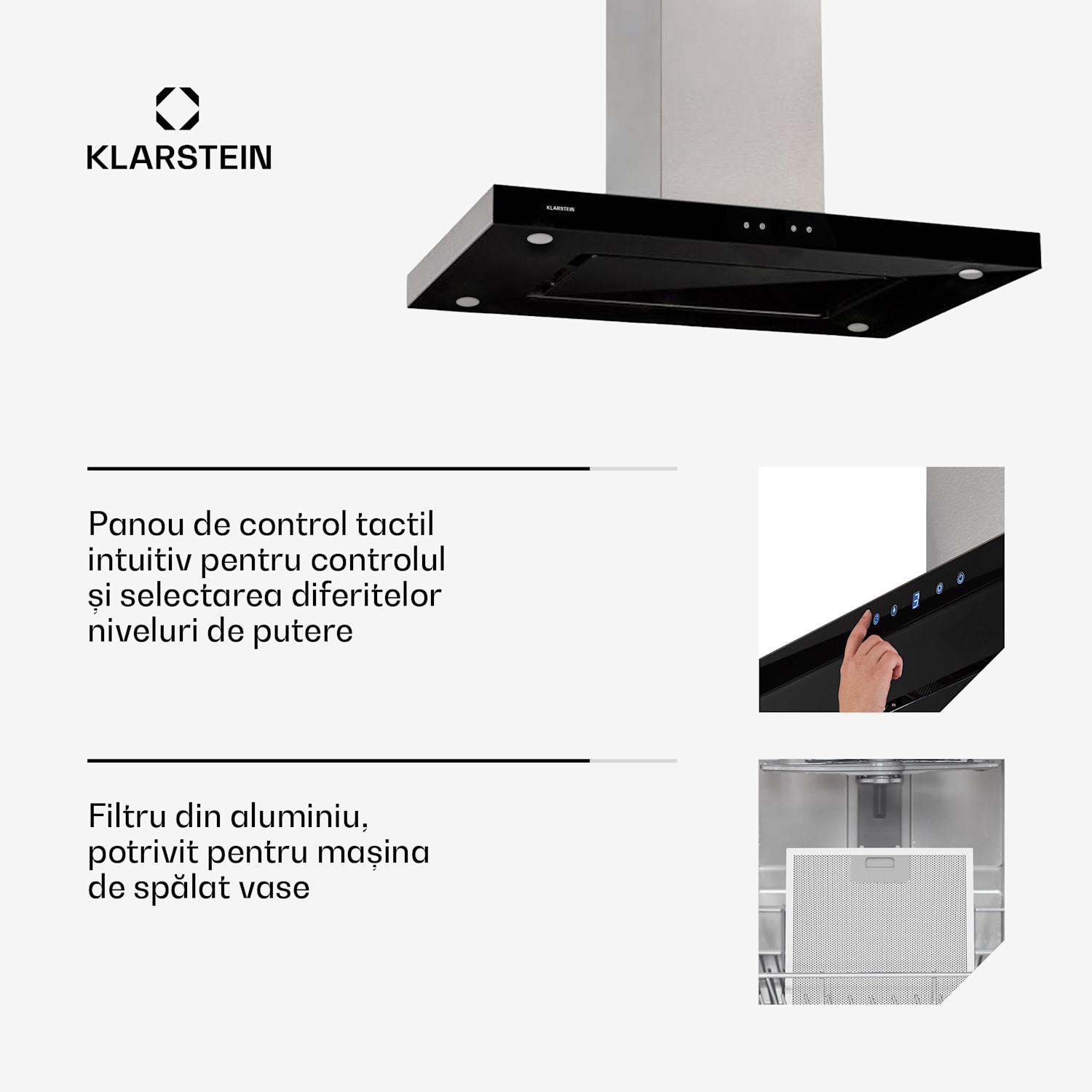 Valeria, hotă de aburi, touch LED, 90 cm, 650 m³/h sticlă, oțel inoxidabil Negru