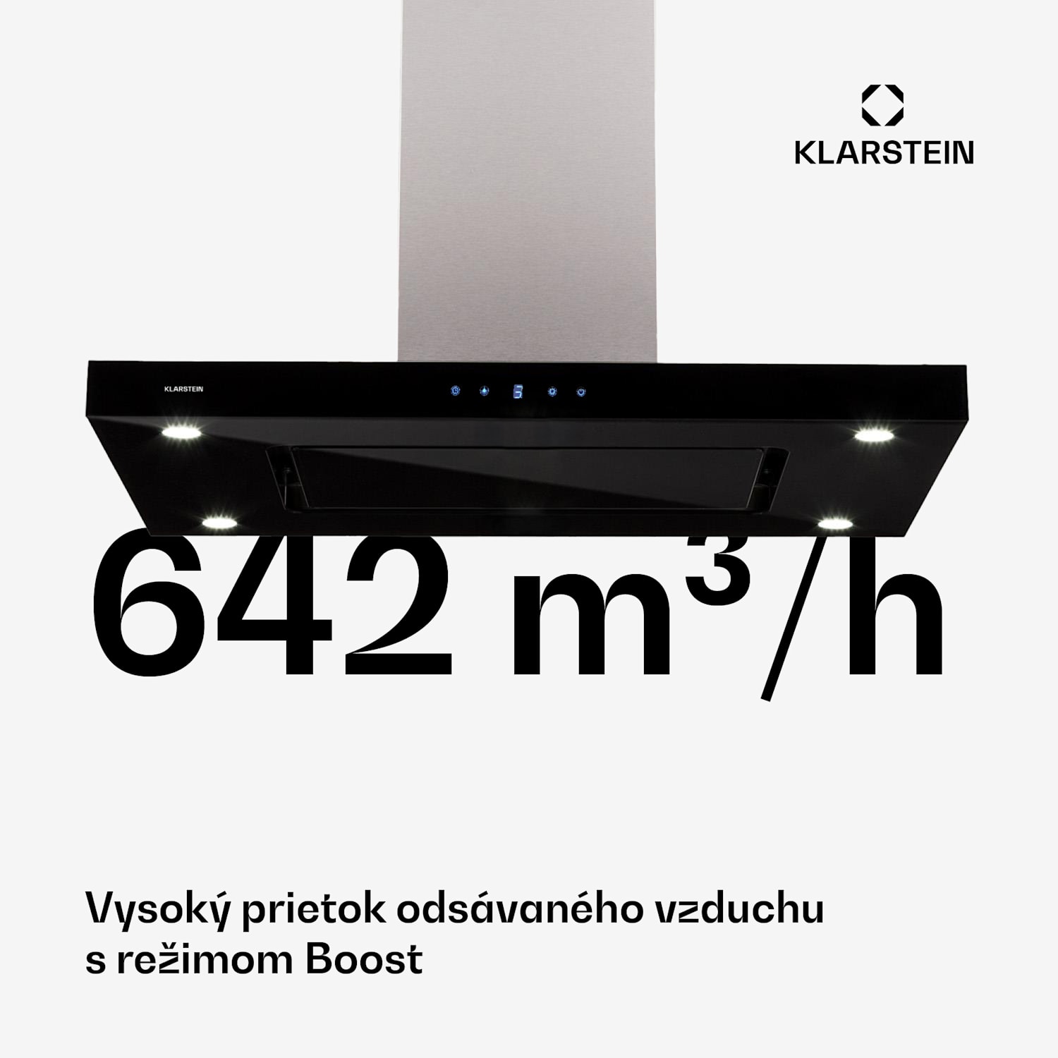 Valeria, digestor, 90 cm, ostrovčekový, 650 m³/h, dotykový panel, LED, sklo, nehrdzavejúca oceľ, čierny Čierna