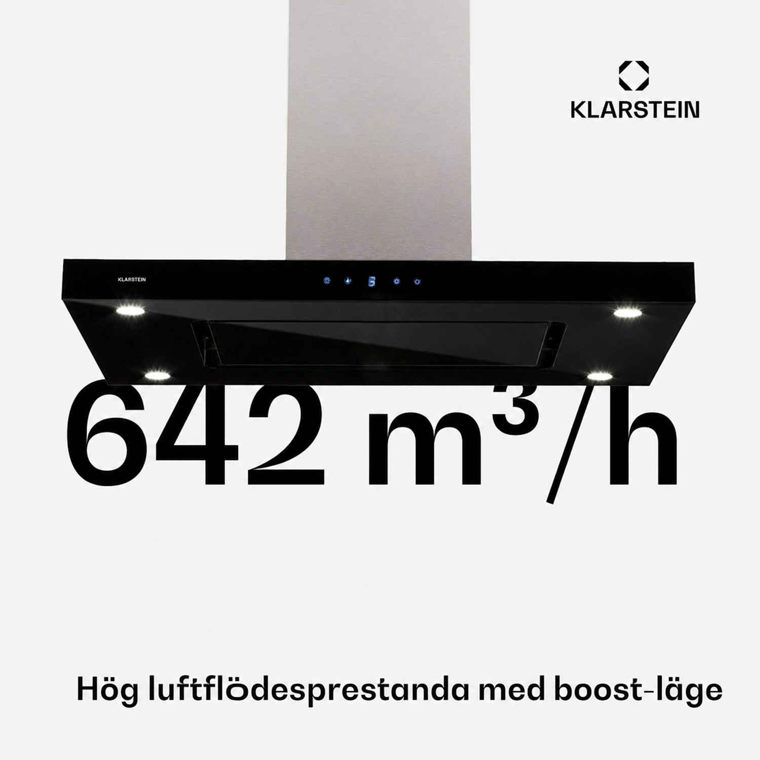 Valeria ö-spisfläkt 90 cm 642 m³/h frånluft touch LED glas rostfritt stål Svart