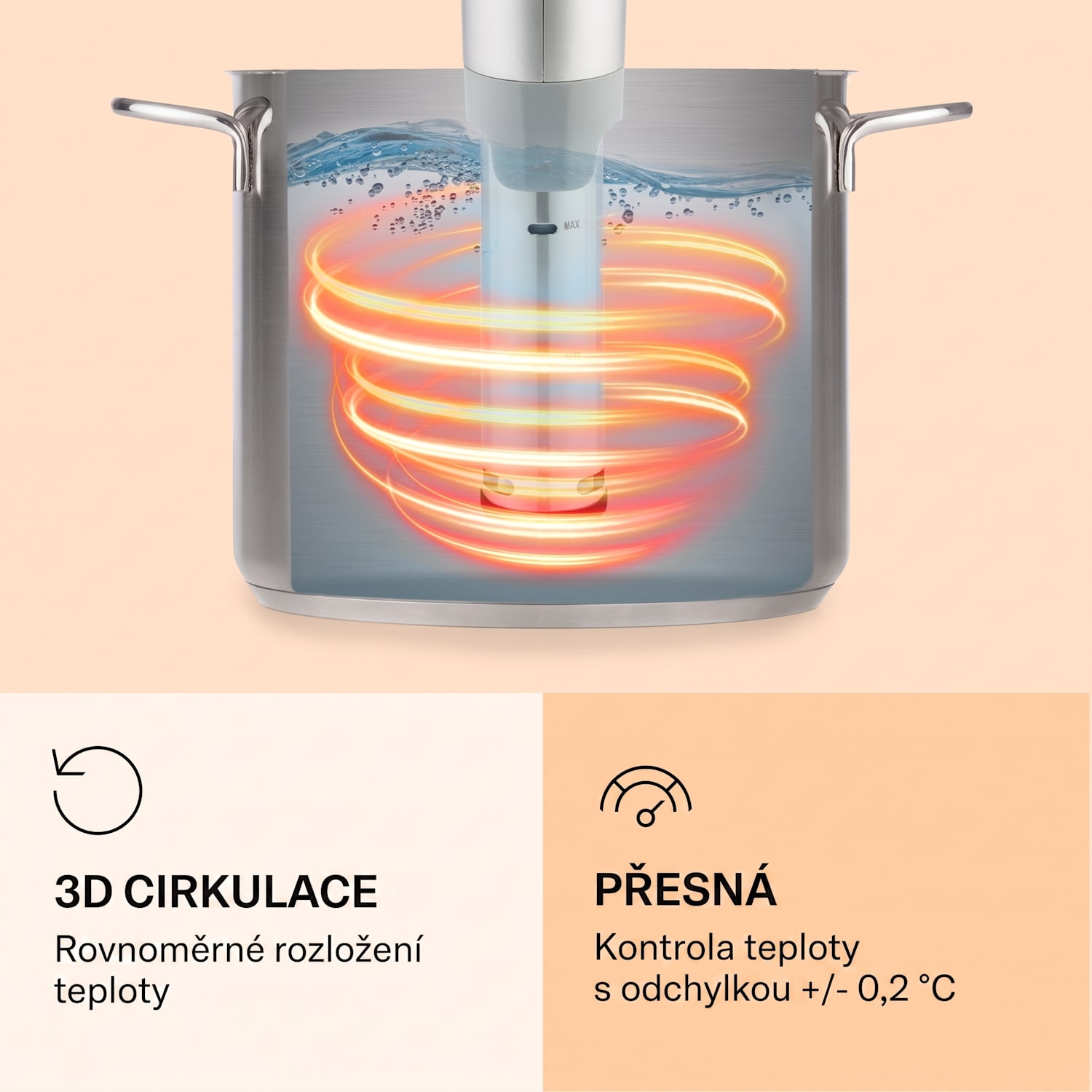 Quickstick Flex, sous vide vařič, 1300 W, 0-95 °C, 3D cirkulace, IPX7, časovač, stříbrný Stříbrná metalíza