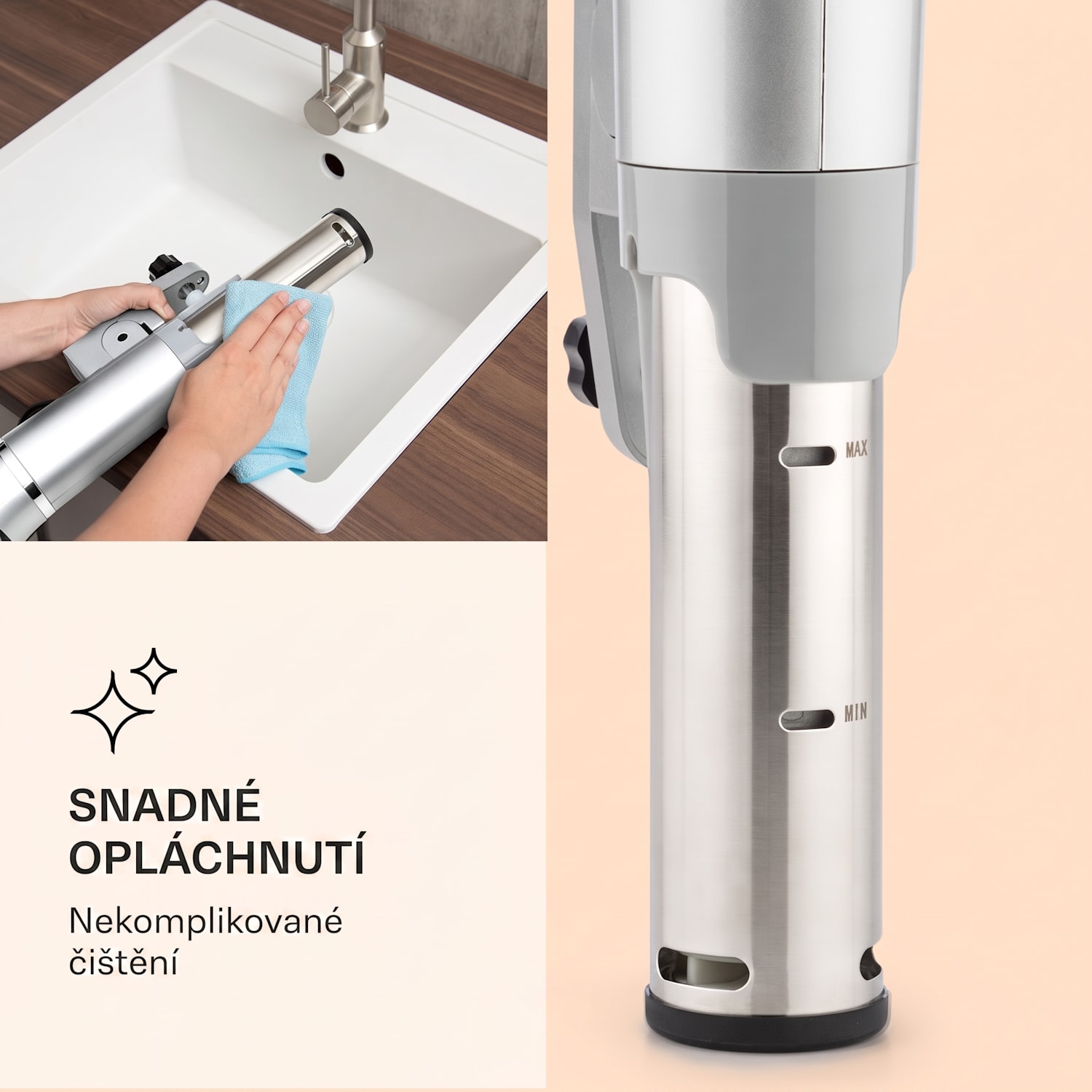 Quickstick Flex, sous vide vařič, 1300 W, 0-95 °C, 3D cirkulace, IPX7, časovač, stříbrný Stříbrná metalíza