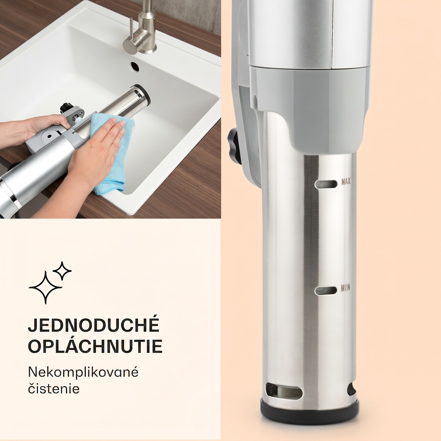 Quickstick Flex, Sous Vide varič, 1300 W, 0 - 95 °C, 3D cirkulácia, IPX7, časovač, strieborný Strieborná metalíza