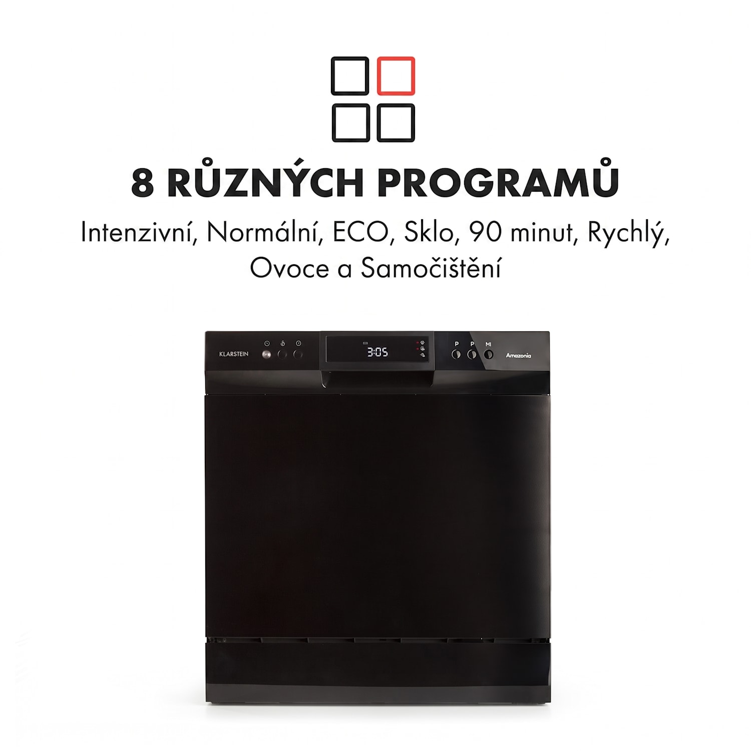 Amazonia 8 Neo, myčka nádobí, 8 programů, LED displej, černá Černá