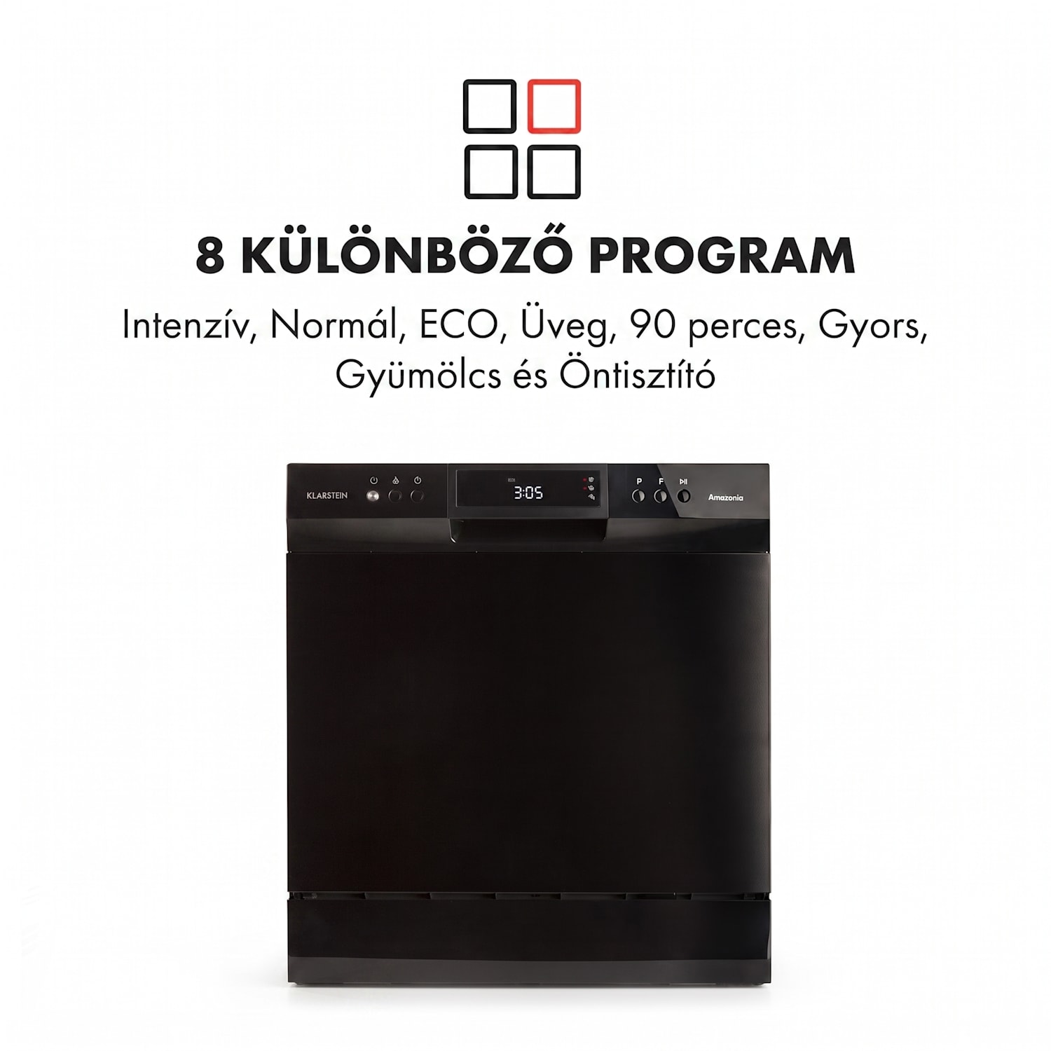 Amazonia 8 Neo, asztali mosogatógép, 8 program, LED kijelző, fekete Fekete