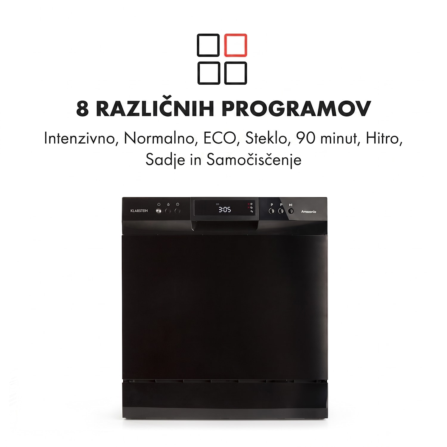 Amazonia 8 Neo, pomivalni stroj, 8 programov, črna Črna