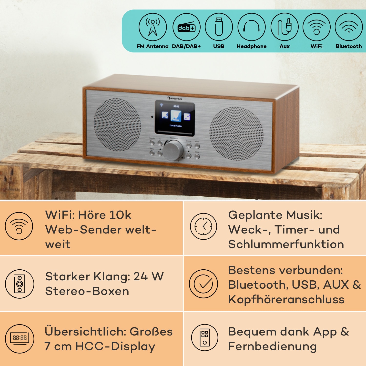 Silver Star Stereo Internet DAB+/UKW Radio, WiFi, BT, DAB+/UKW, Eiche 