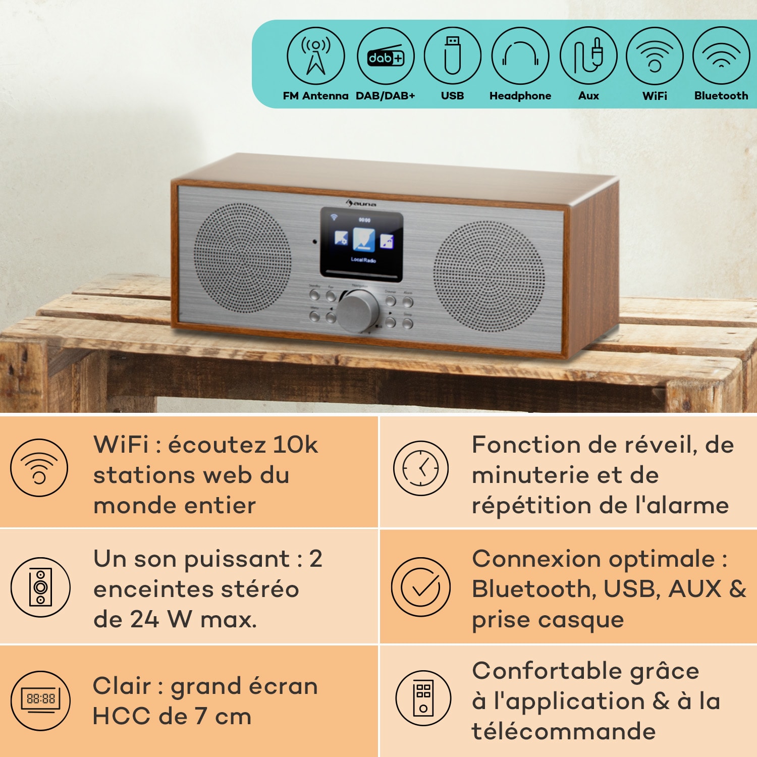 Silver Star radio Internet stéréo DAB+/FM, WiFi, BT, DAB+/FM, chêne
