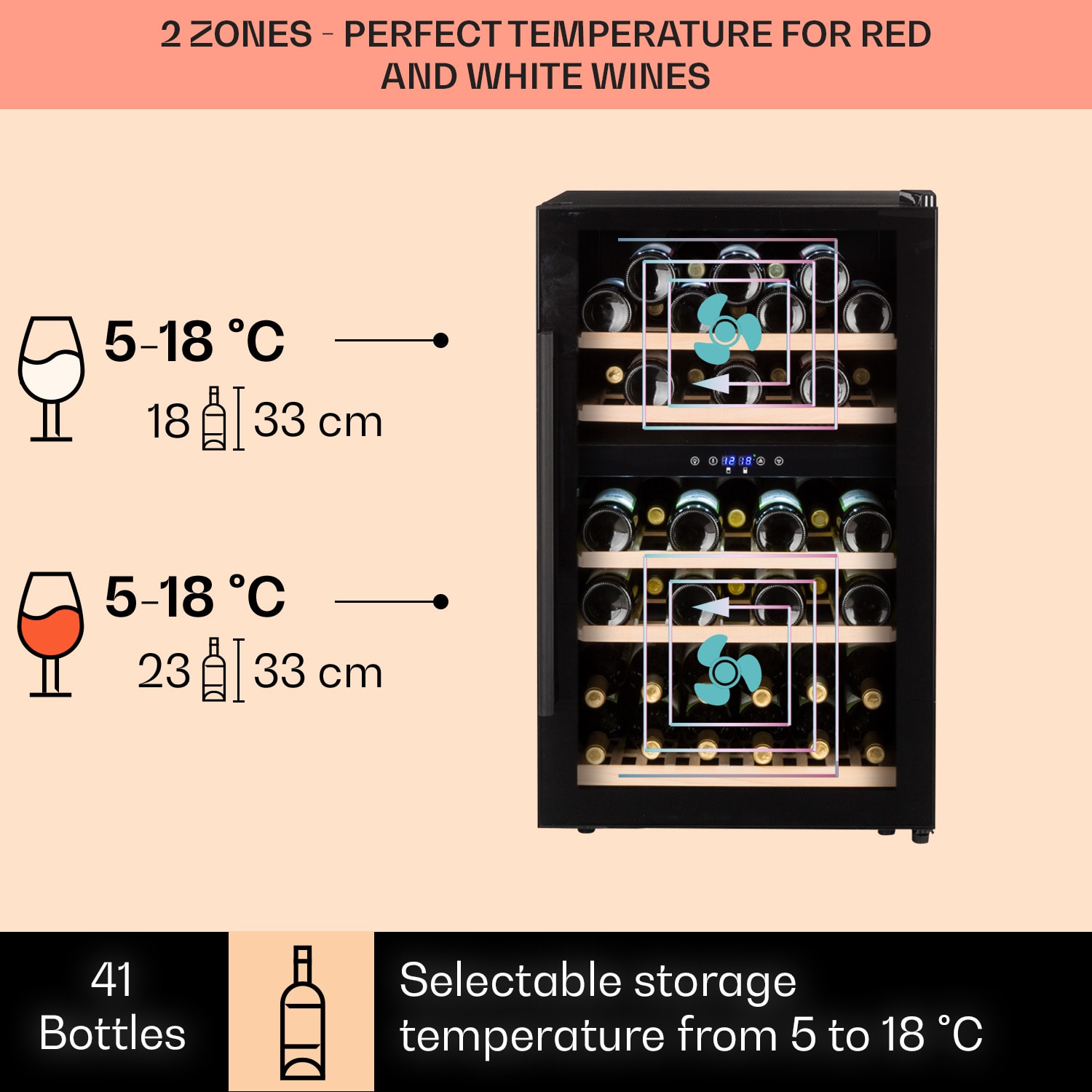 Barossa 40D, chłodziarka do wina, 2 strefy, 135 l, 41 butelek, szklane drzwi, dotykowa