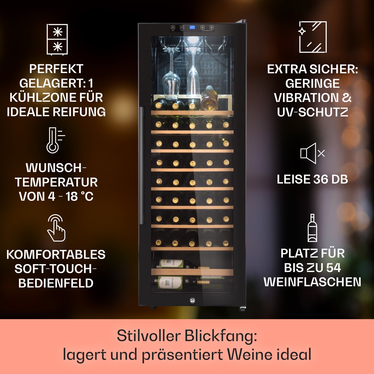 Barossa 54 Uno Weinkühlschrank 155 L 54 Flaschen  Glastür Touch LED 1 Kühlzone | 54 Flaschen