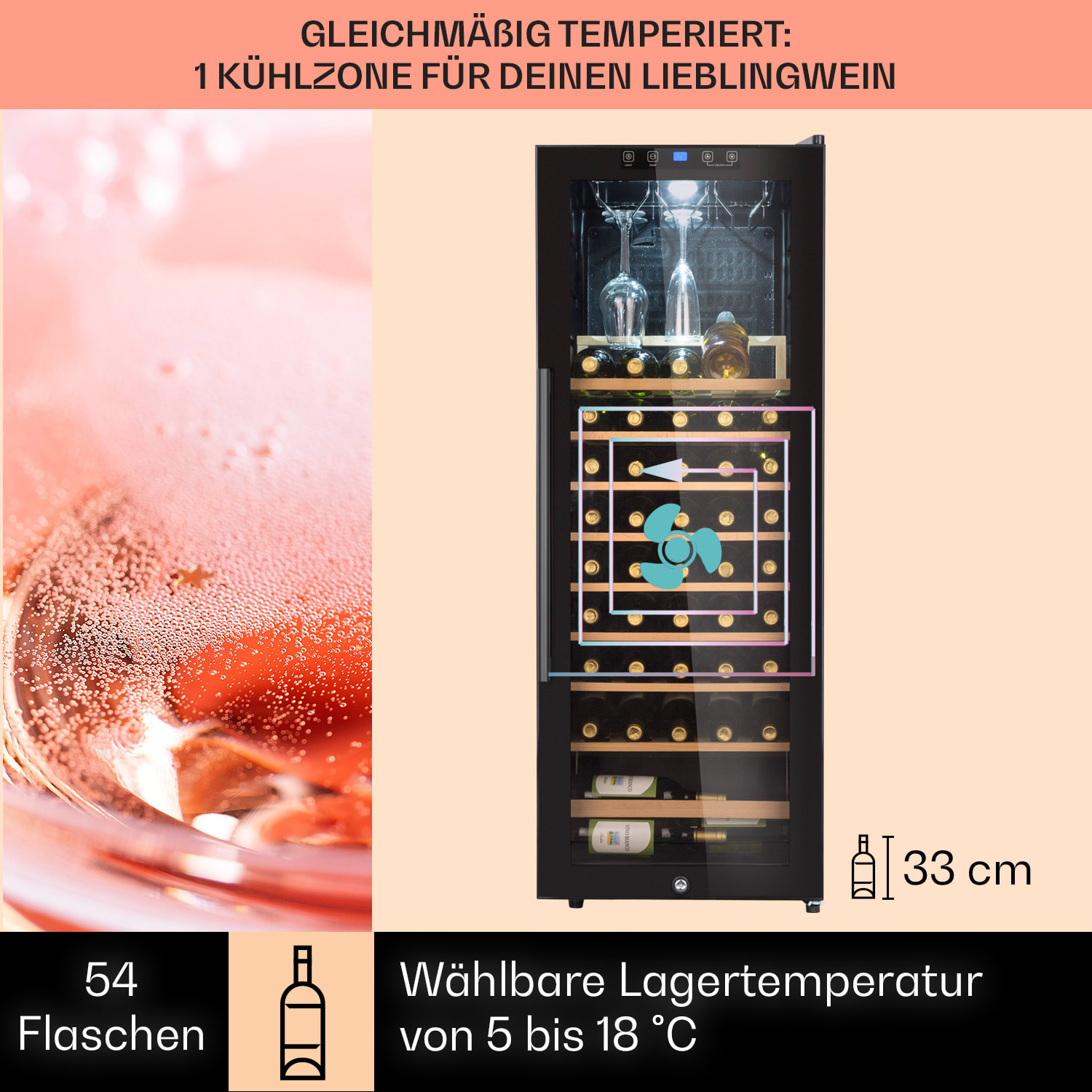 Barossa 54 Uno Weinkühlschrank 155 L 54 Flaschen  Glastür Touch LED 1 Kühlzone | 54 Flaschen
