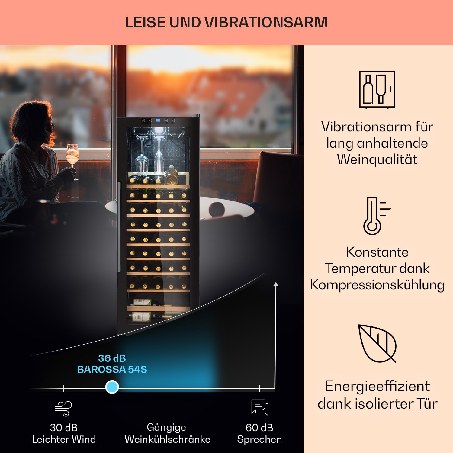 Barossa 54 Uno Weinkühlschrank 155 L 54 Flaschen  Glastür Touch LED 1 Kühlzone | 54 Flaschen
