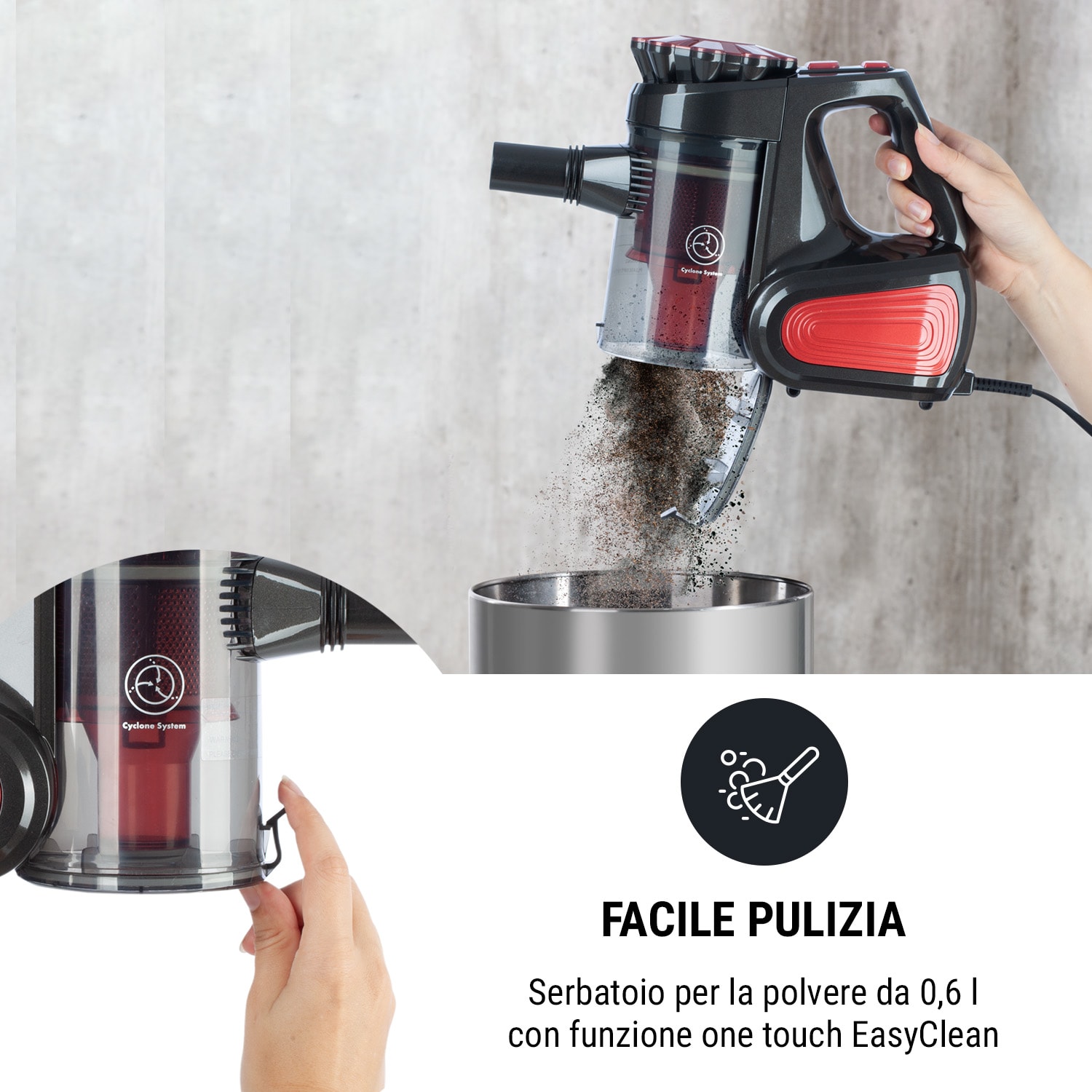 CleanTurbo Aspirapolvere Ciclonico manuale, 600 W, Sistema MultiCyclonic, rosso Rosso